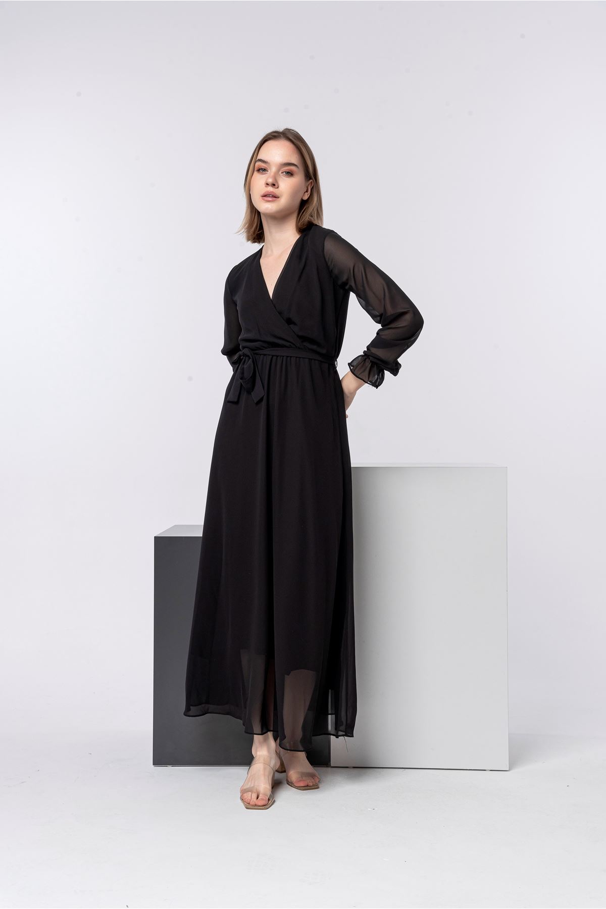Chiffon Fabric Long Sleeve V-Neck Long Laced Women Dress - Black