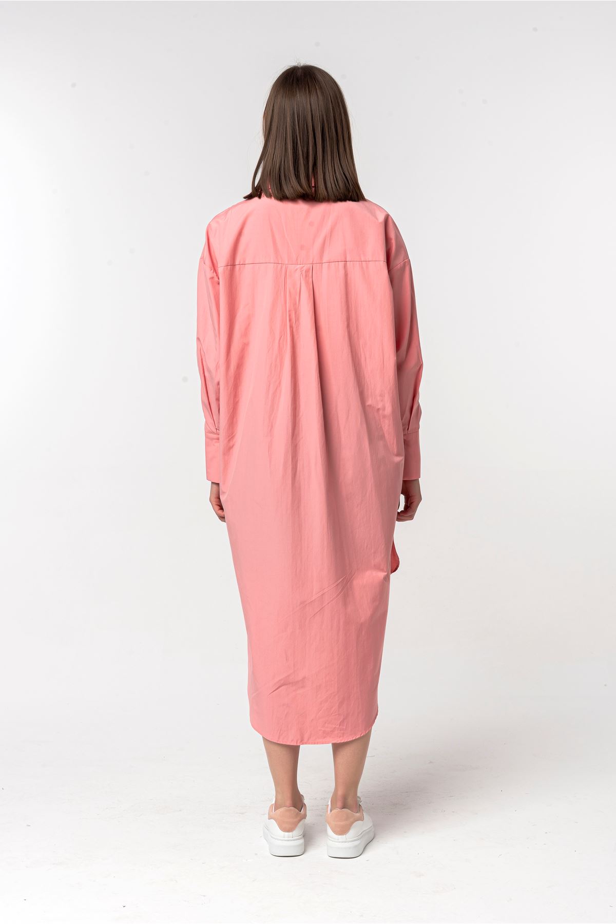 Soft Fabric Long Sleeve Midi Oversize Slit Women'S Shirt - Salmon Pink