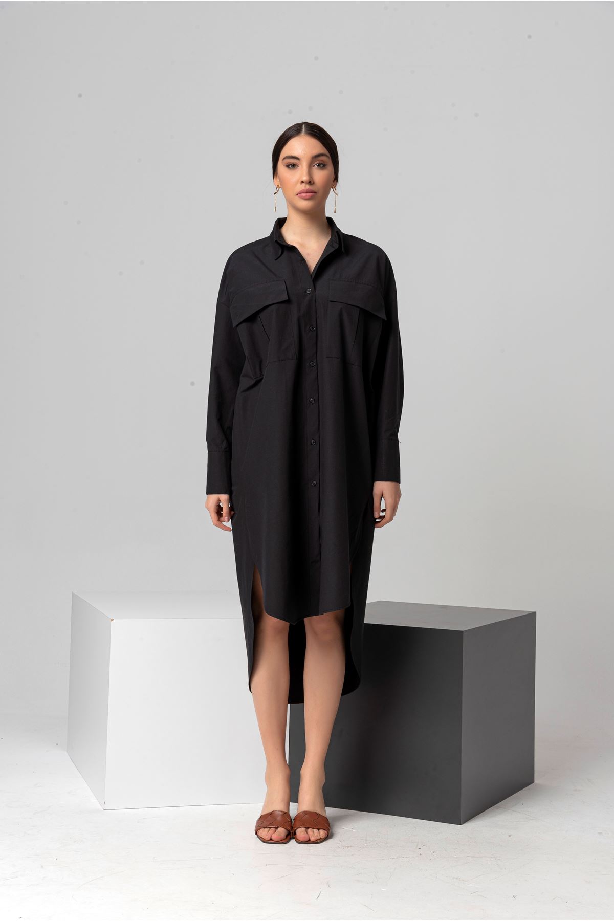 Soft Fabric Long Sleeve Oversize Slit Women'S Shirt - Black