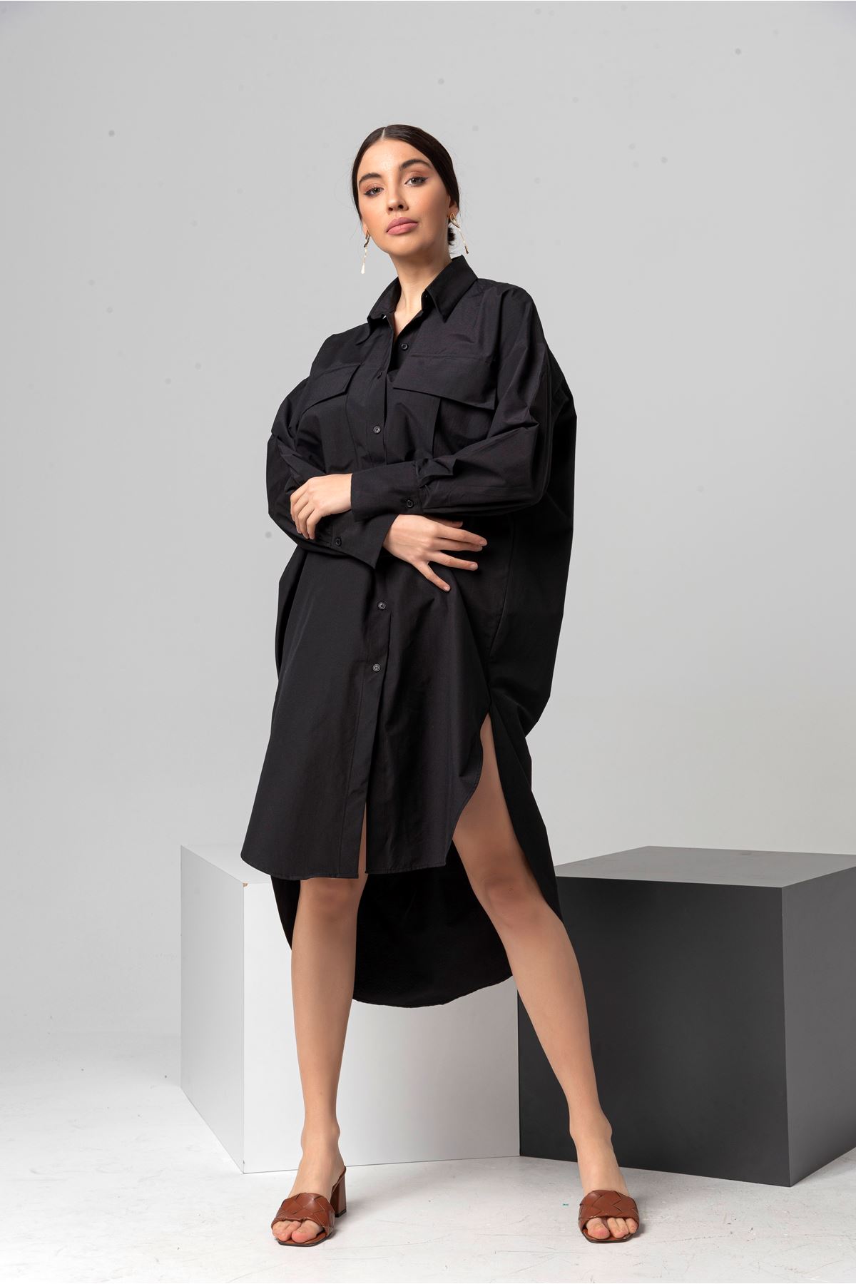 Soft Fabric Long Sleeve Oversize Slit Women'S Shirt - Black