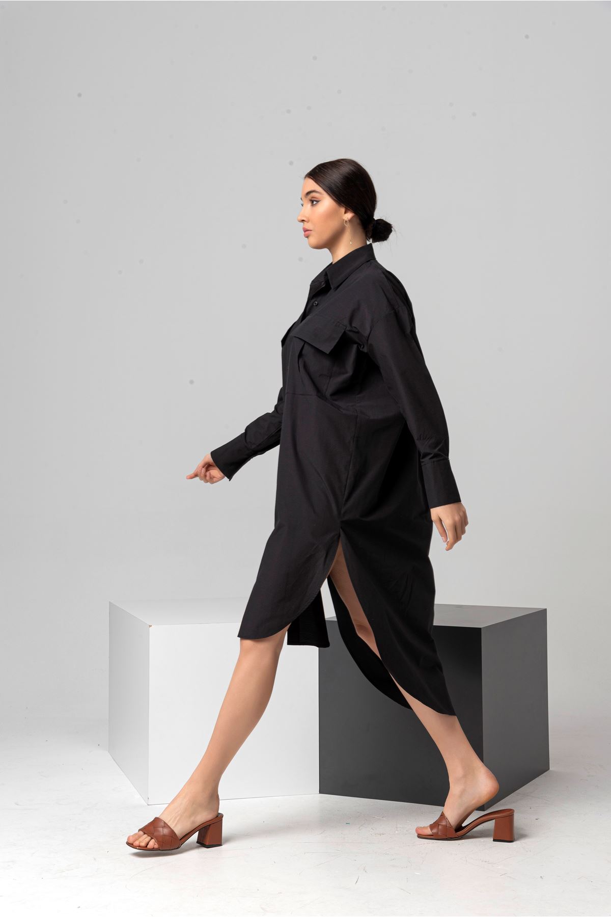 قميص نسائي قماش لين ذراع طويلة طوق القميص ميدي حجم كبير - اسود