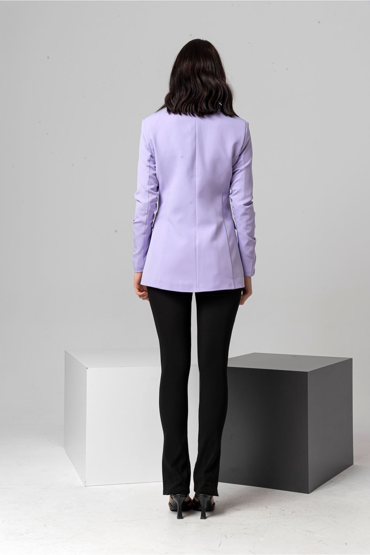 Polyester Fabric Hip Height Classical Shirred Sleeve Women Jacket - Lilac