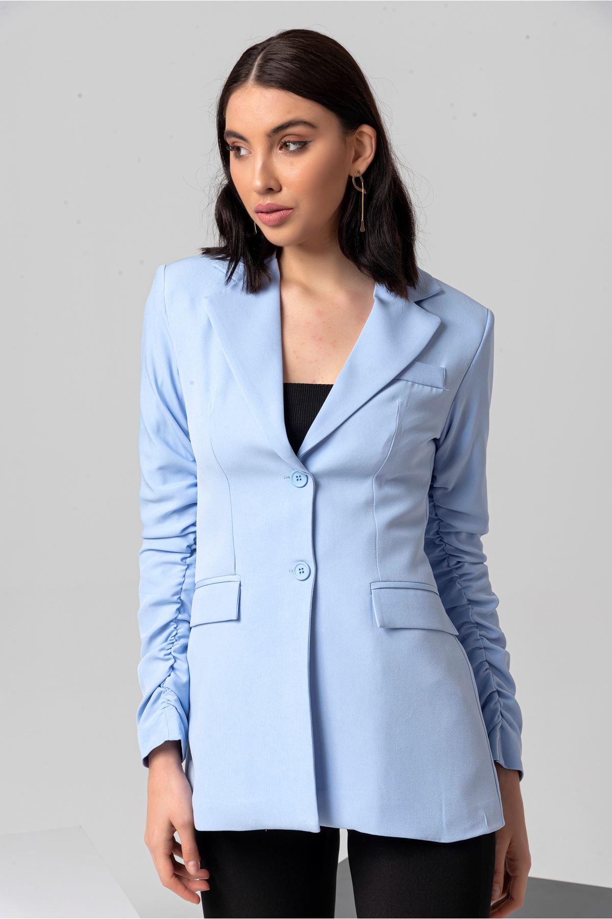 Polyester Fabric Hip Height Classical Shirred Sleeve Women Jacket - Light Blue