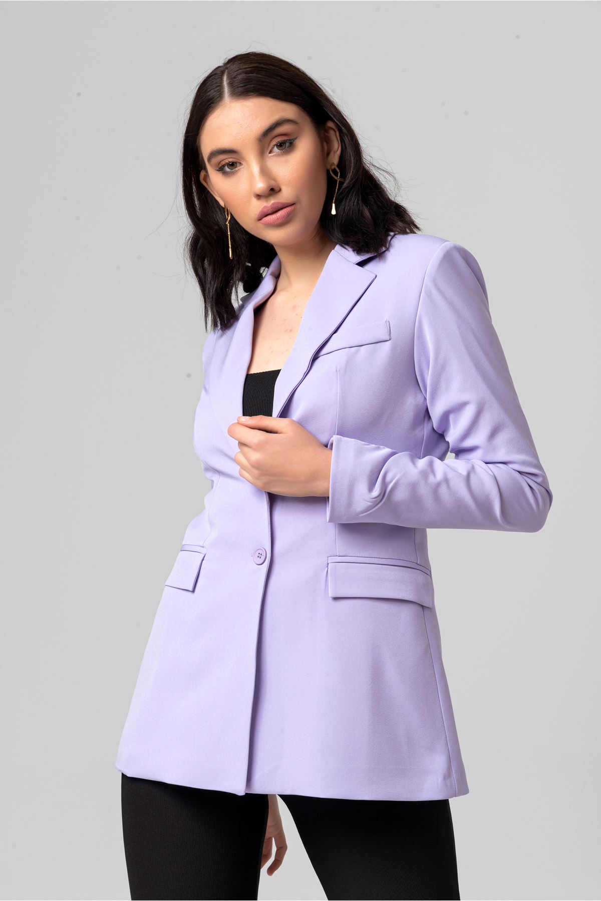 Polyester Fabric Hip Height Classical Shirred Sleeve Women Jacket - Lilac