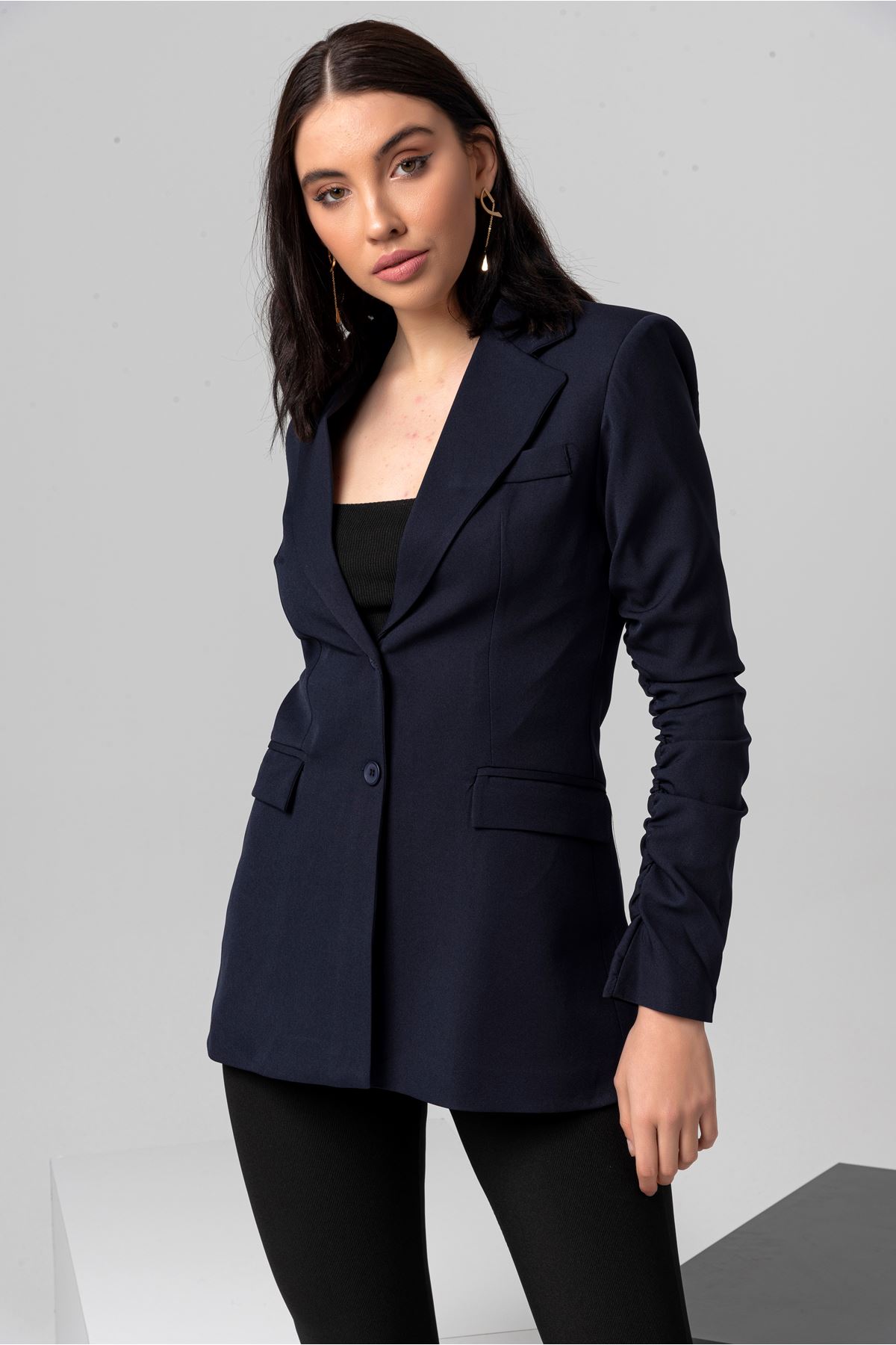 Polyester Fabric Hip Height Classical Shirred Sleeve Women Jacket - Navy Blue 