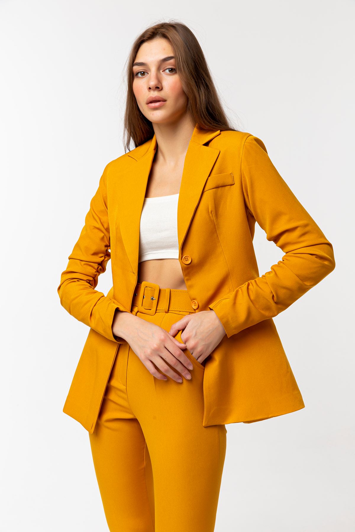 Polyester Fabric Hip Height Classical Shirred Sleeve Women Jacket - Mustard