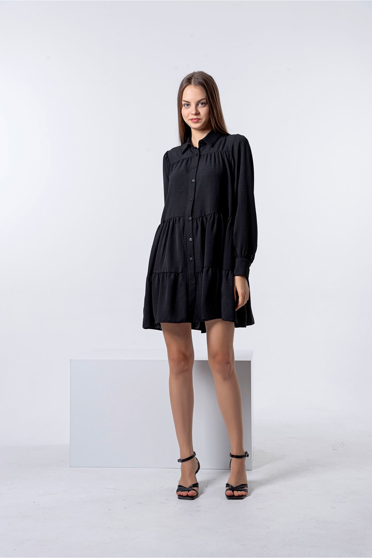 Aerobin Fabric Long Sleeve Shirt Collar Mini Oversize Women Tunic - Black