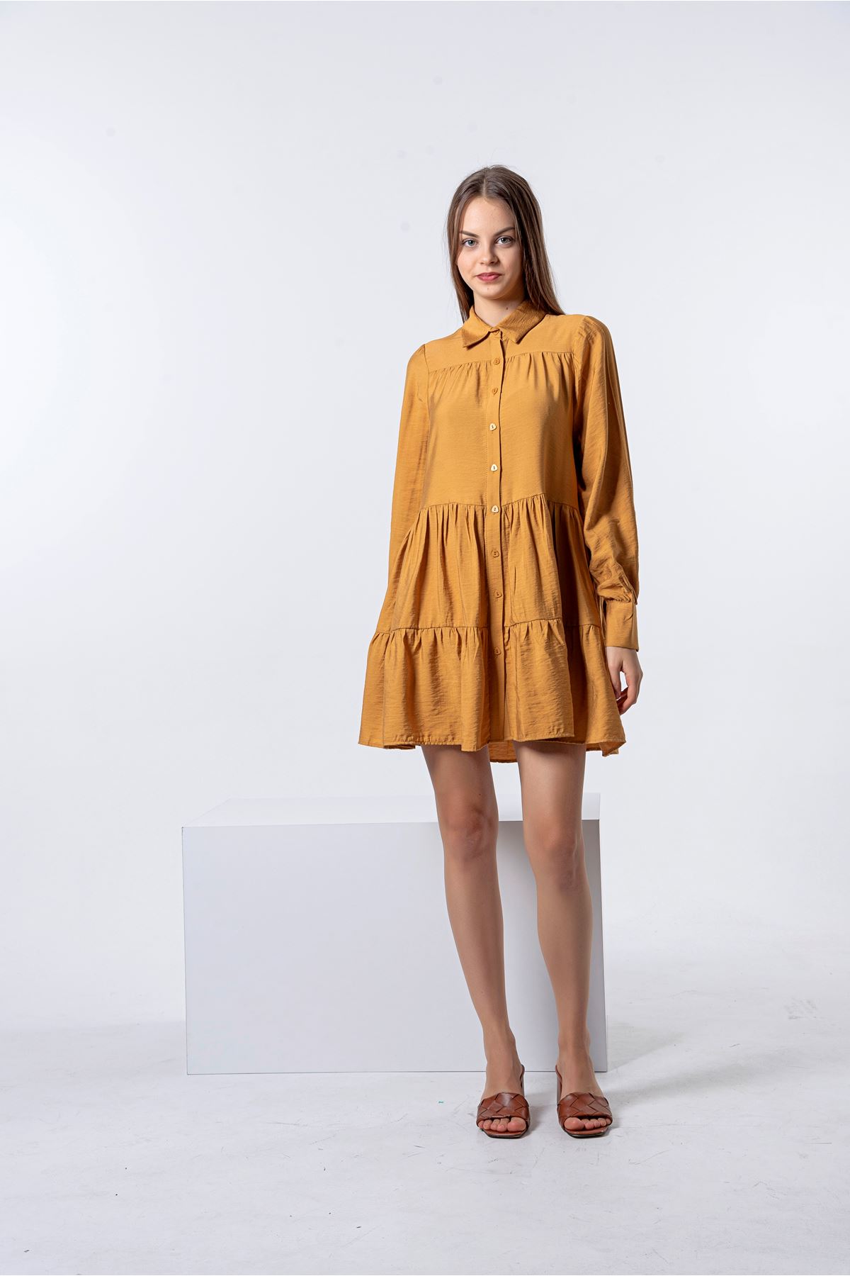 Aerobin Fabric Long Sleeve Shirt Collar Mini Oversize Women Tunic - Mustard