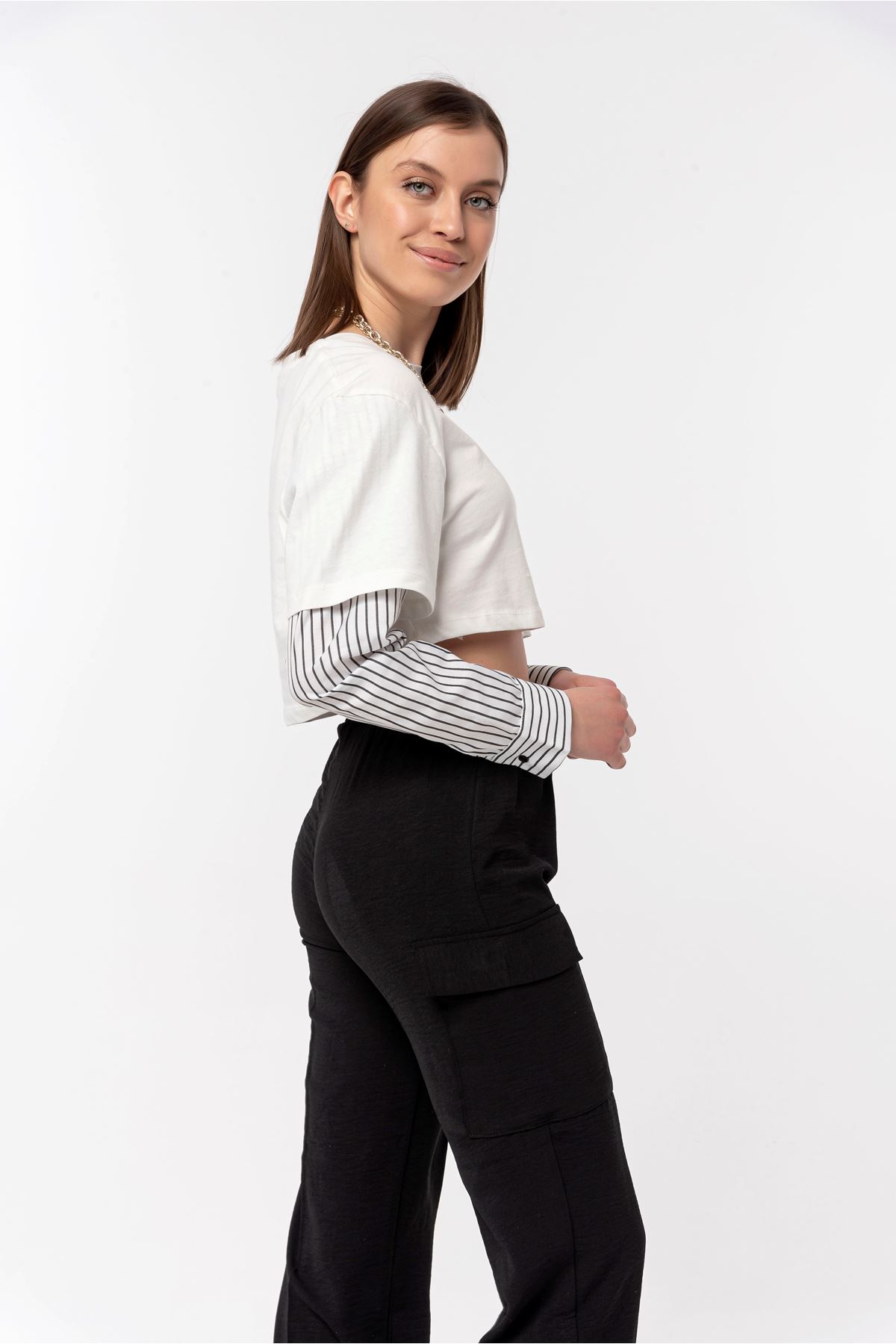 Трикотажная ткань с круглым вырезом полосатый женская блузка - Чёрный