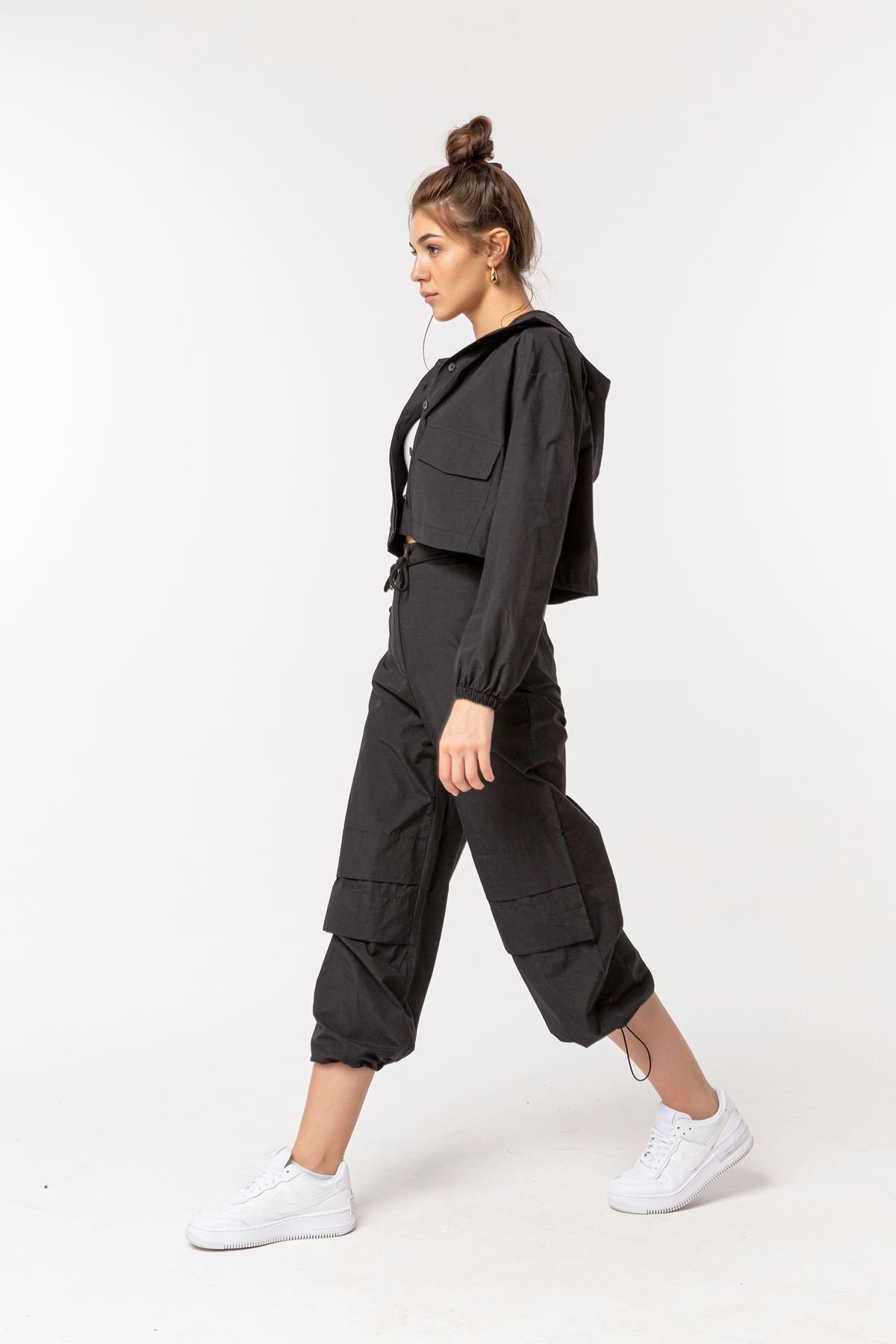 Мягкий ткань капишоном оверсайз / женский пиджак - Чёрный