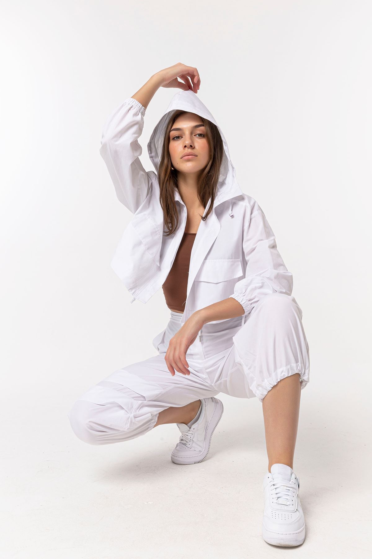 Soft Fabric Long Sleeve Hooded Crop Oversize Women Jacket - Ecru