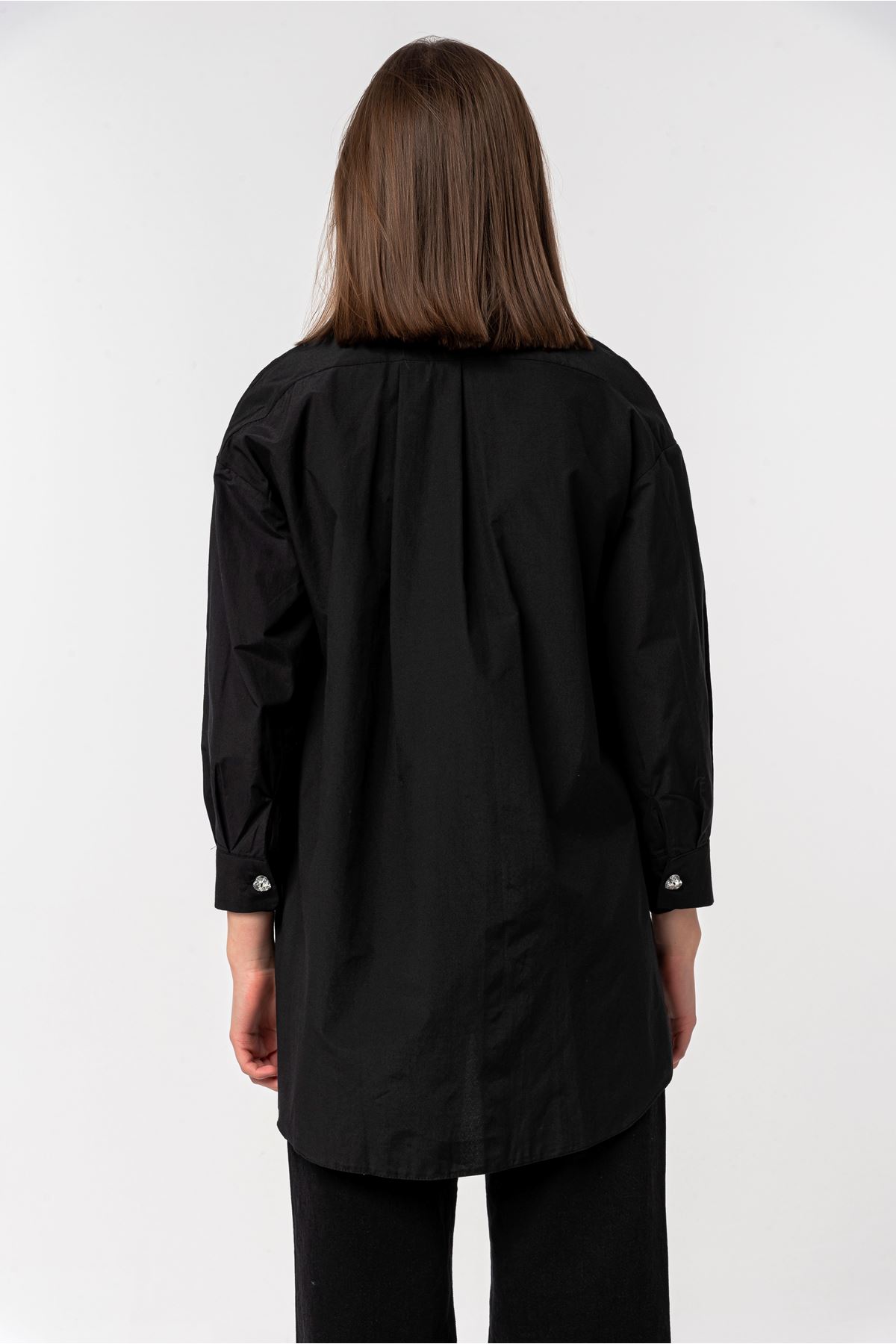 Тканые ткани отложной воротник оверсайз /женская рубашка - Чёрный