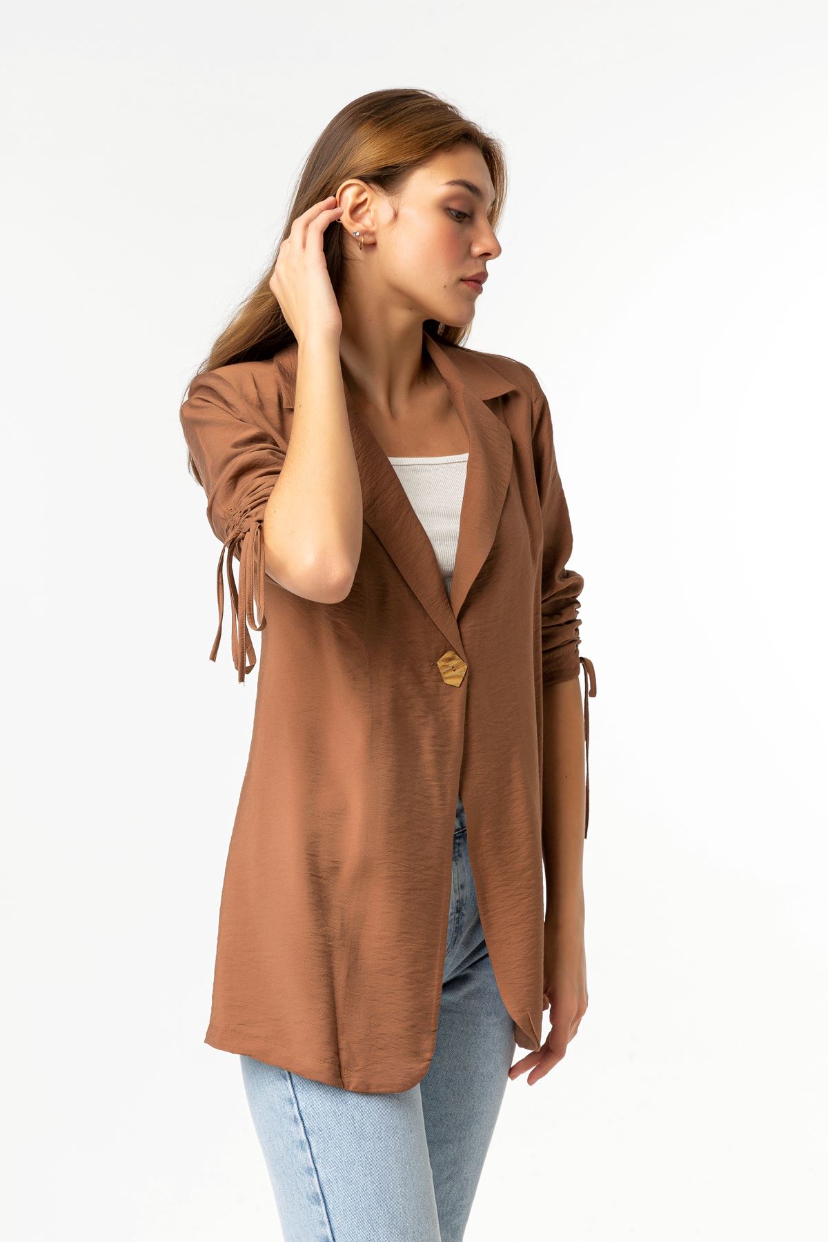 Aerobin Fabric Revere Collar Hip Height Comfy Women Jacket - Brown