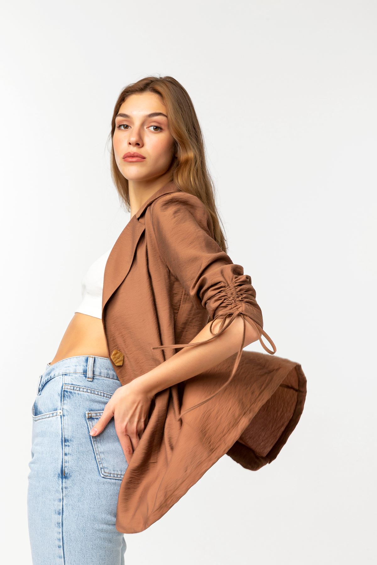 Aerobin Fabric Revere Collar Hip Height Comfy Women Jacket - Brown