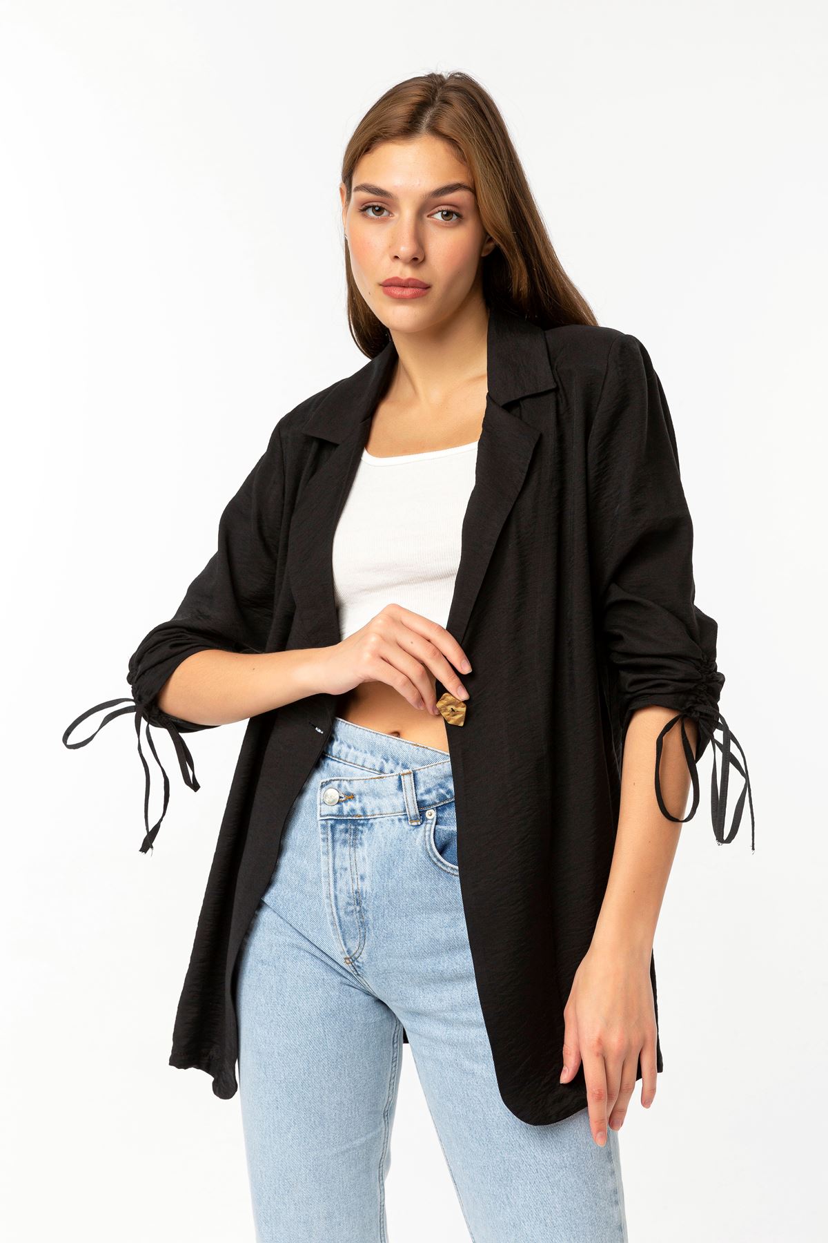 Аэробин Ткань ревер воротник высота бедра свободный женский пиджак - Чёрный