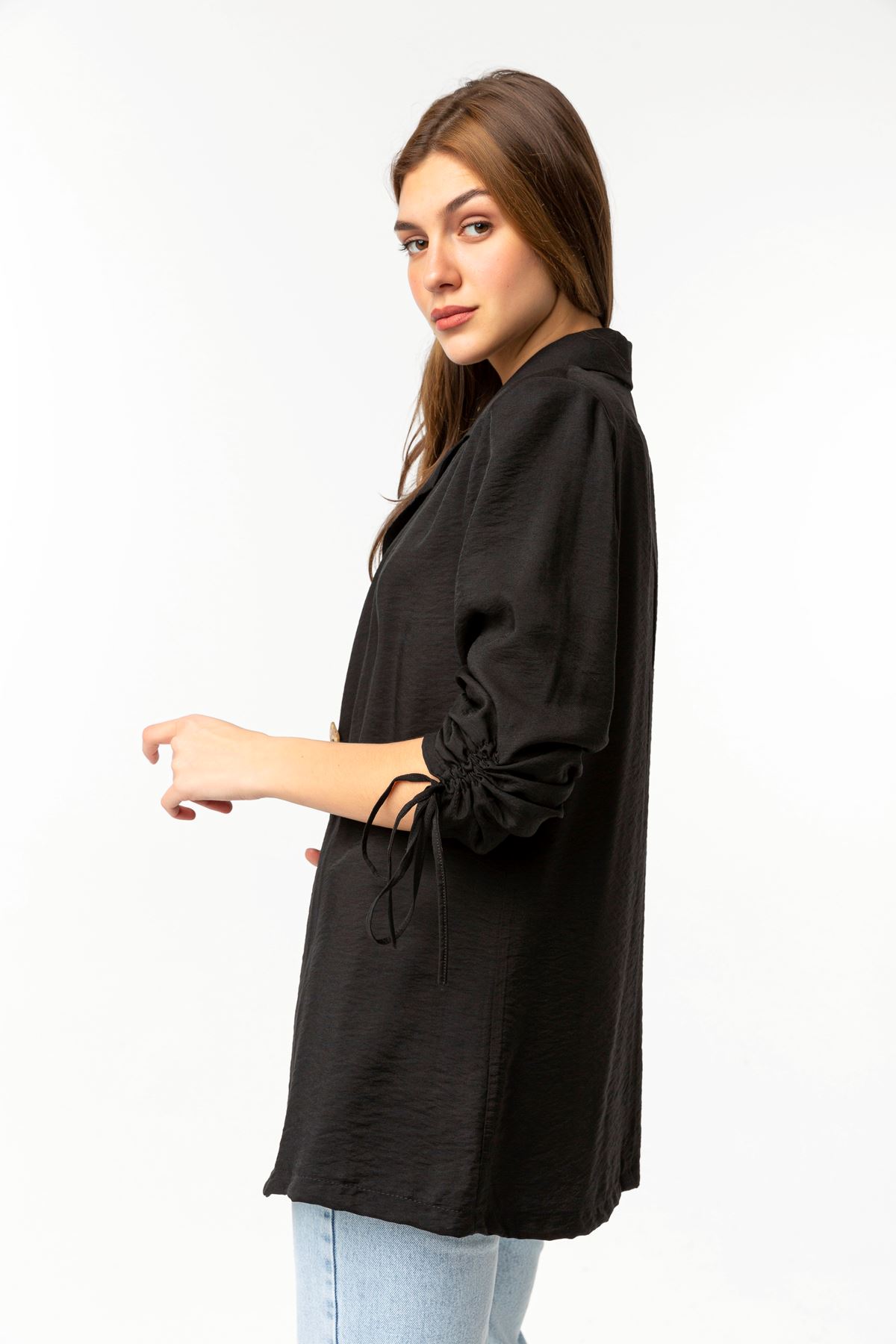Аэробин Ткань ревер воротник высота бедра свободный женский пиджак - Чёрный