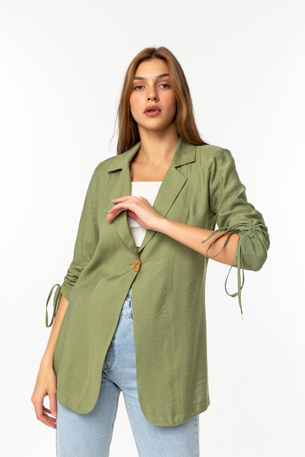 Aerobin Fabric Revere Collar Hip Height Comfy Women Jacket - Khaki 