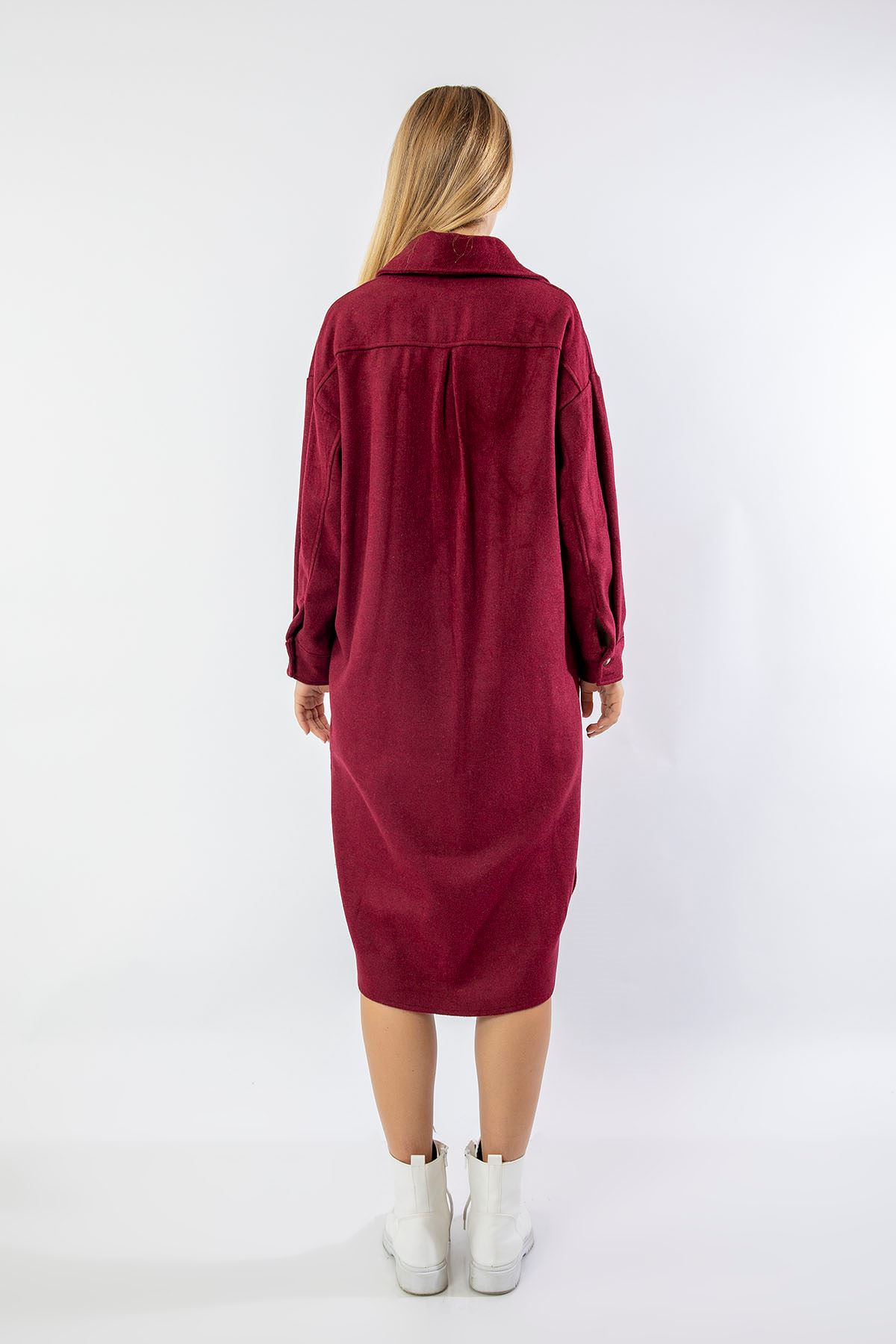 шерстяная ткань длинный рукав оверсайз женская рубашка - Бордовый