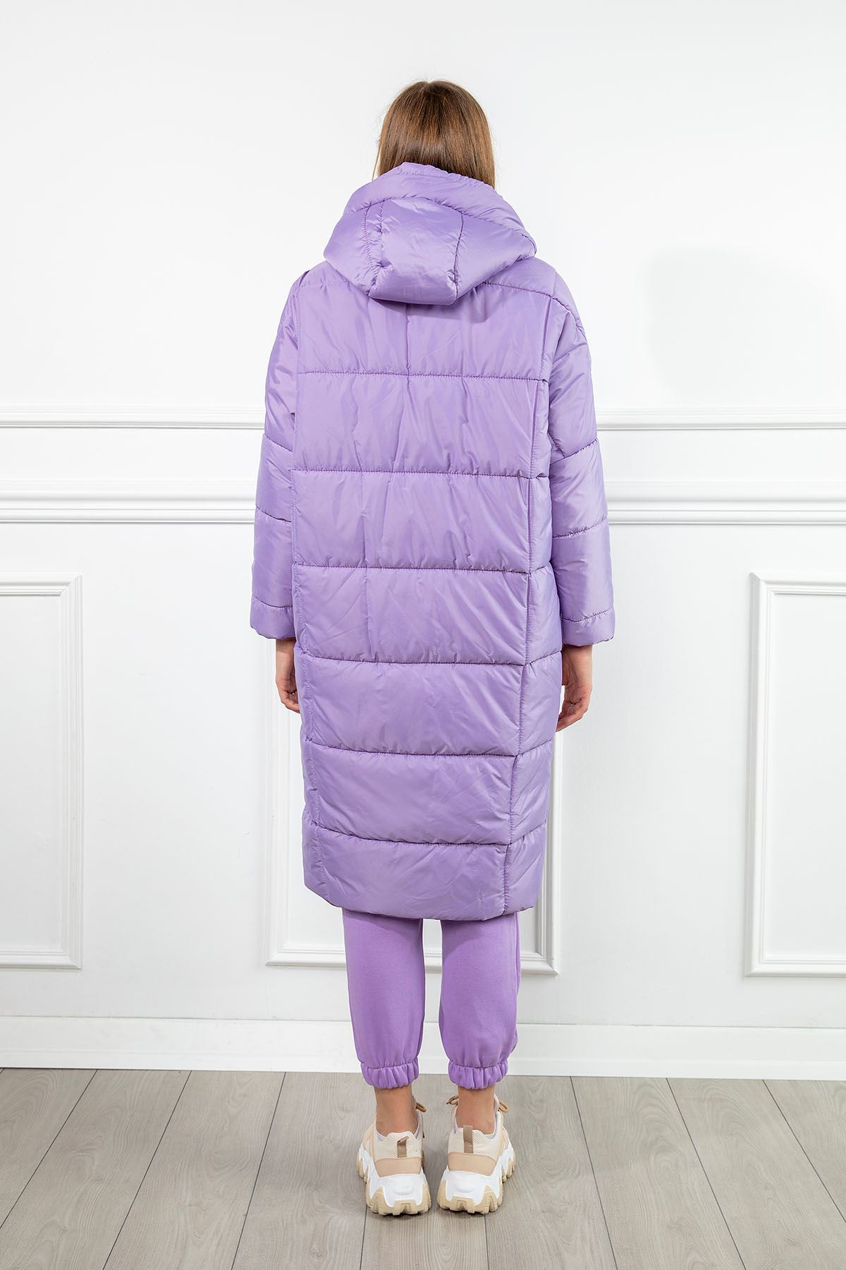 Quilted Fabric Long Sleeve Hooded Below The Knees Boyfriend Women Coat - Lilac