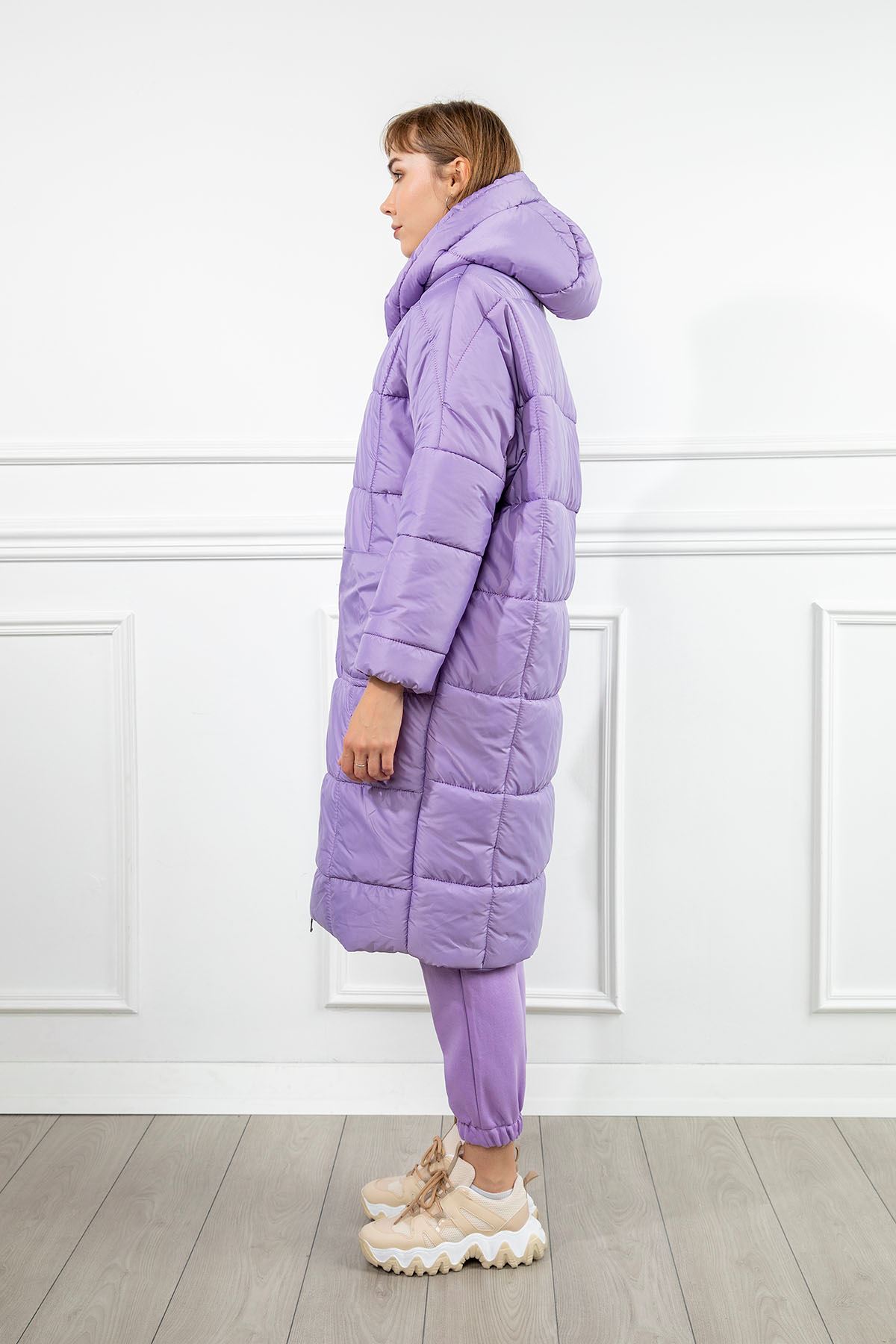 Quilted Fabric Long Sleeve Hooded Below The Knees Boyfriend Women Coat - Lilac