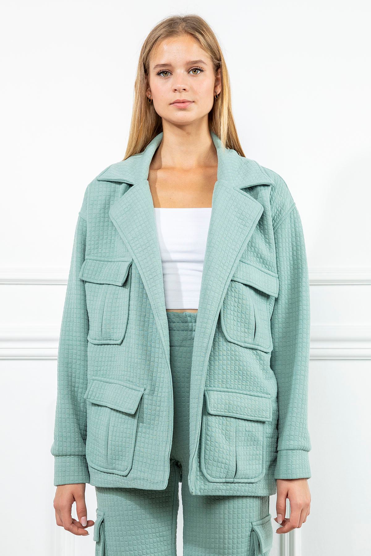 Quilted Fabric Bicycle Collar Oversize Double Pocket Women Sweatshirt - Mint
