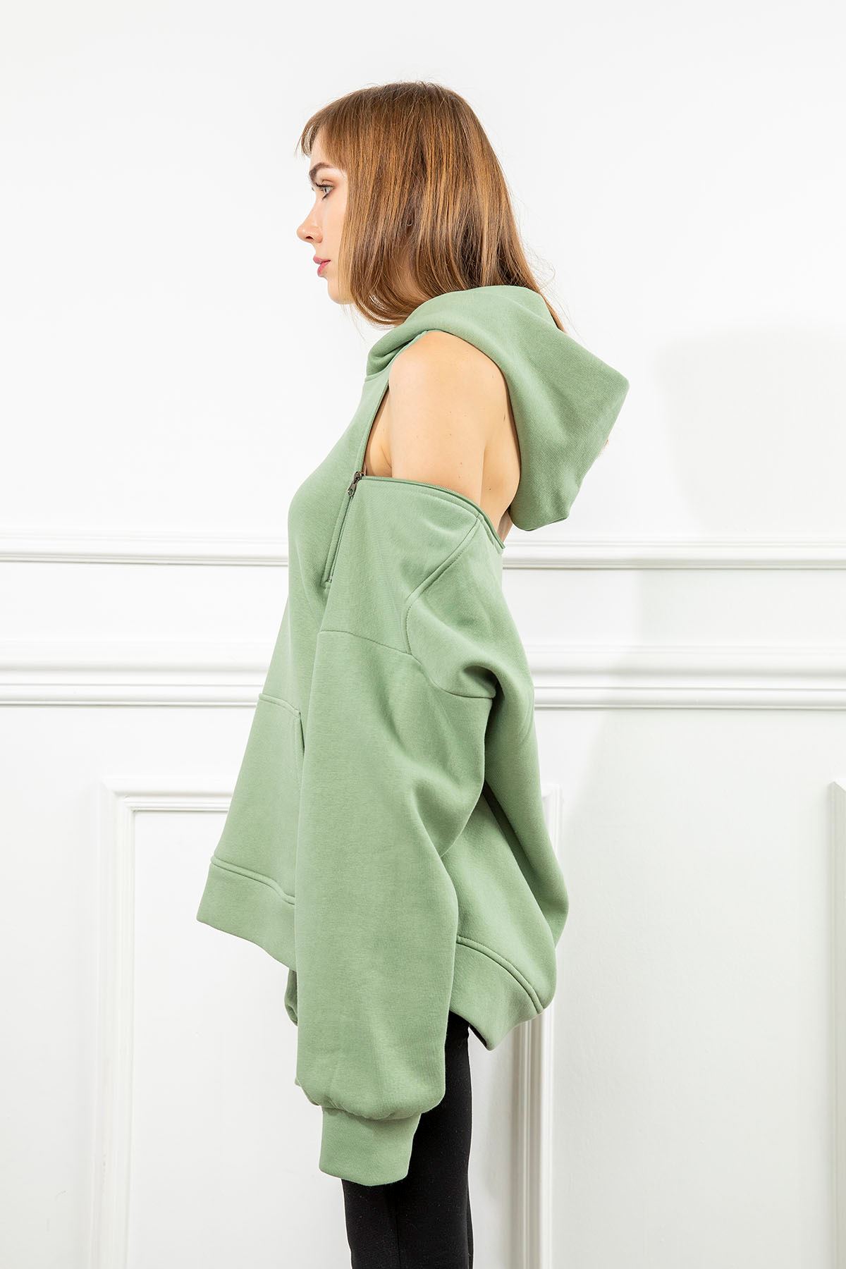 Third Knit Fabric Hooded Below The Hip Oversize Button Women Sweatshirt - Water Green