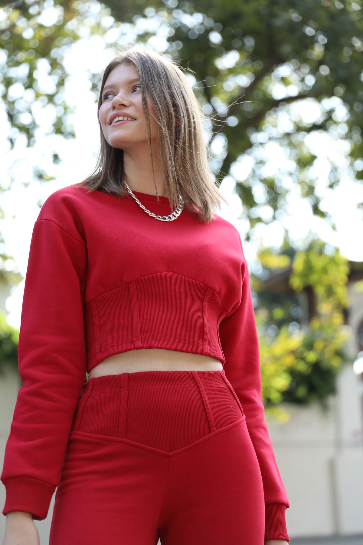 Third Knit Fabric Long Bodice Skirt Women Sweatshirt - Red