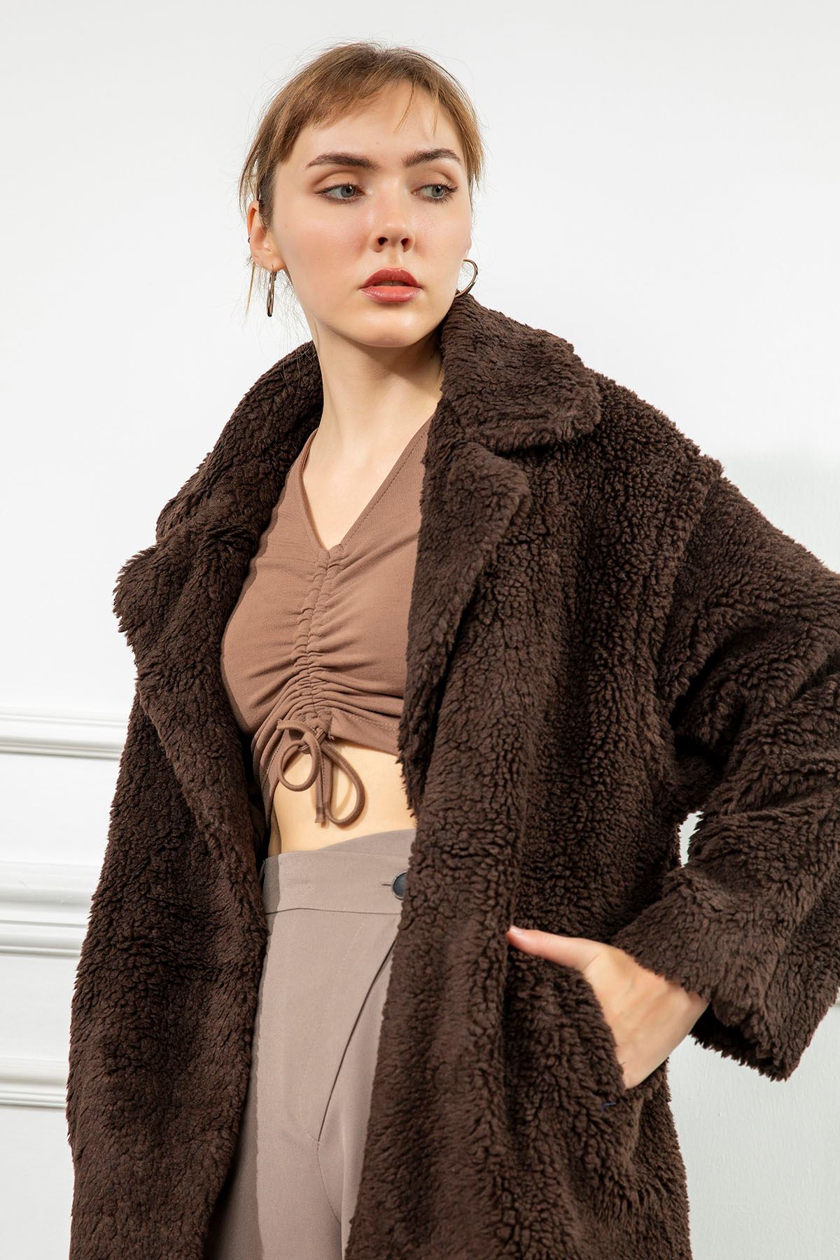  Long Sleeve Revere Collar Below Knee Oversize Women Coat-Brown