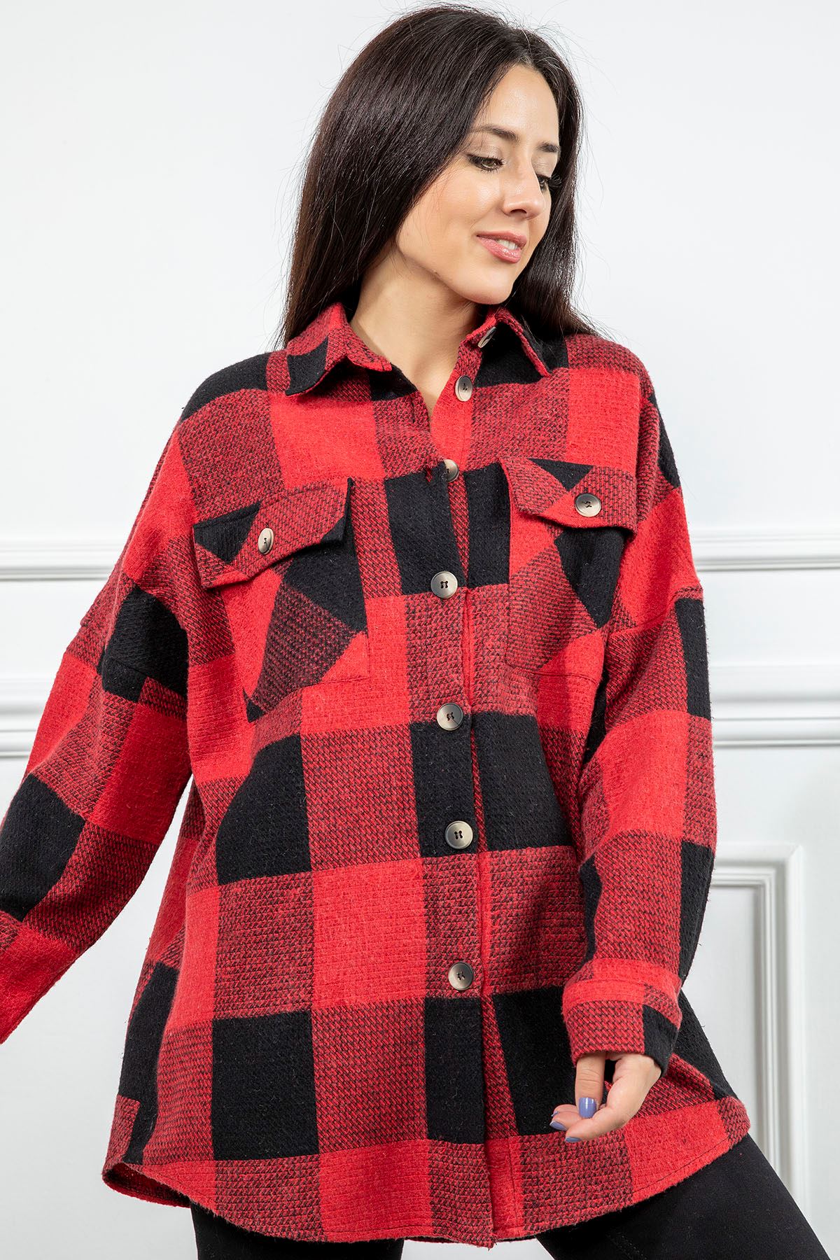 Lumberjack Fabric Long Sleeve Hip Height Oversize Square Print Women'S Shirt - Red