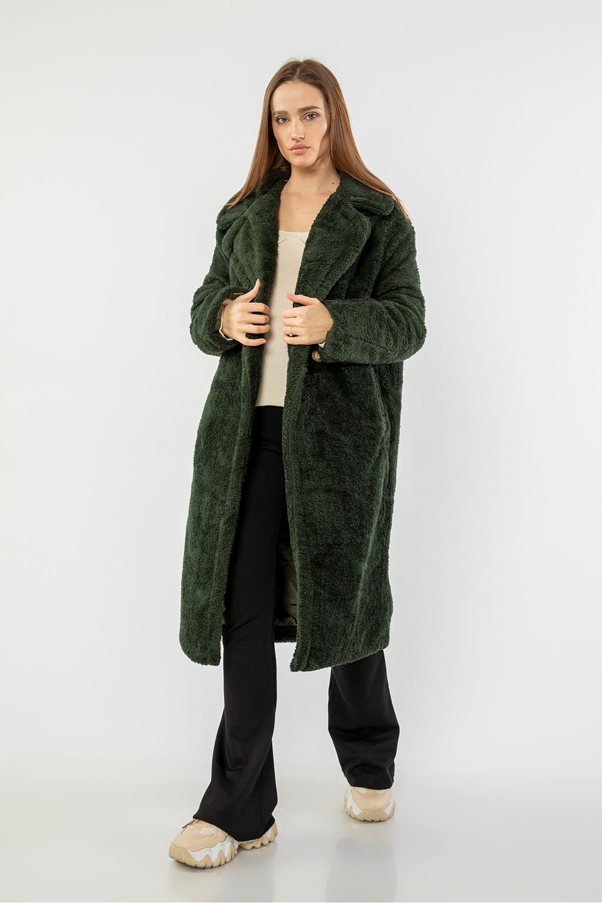 Velsoft Kumaş Ceket Yaka Uzun Boy Oversize/Salaş Kadın Kaban-Haki