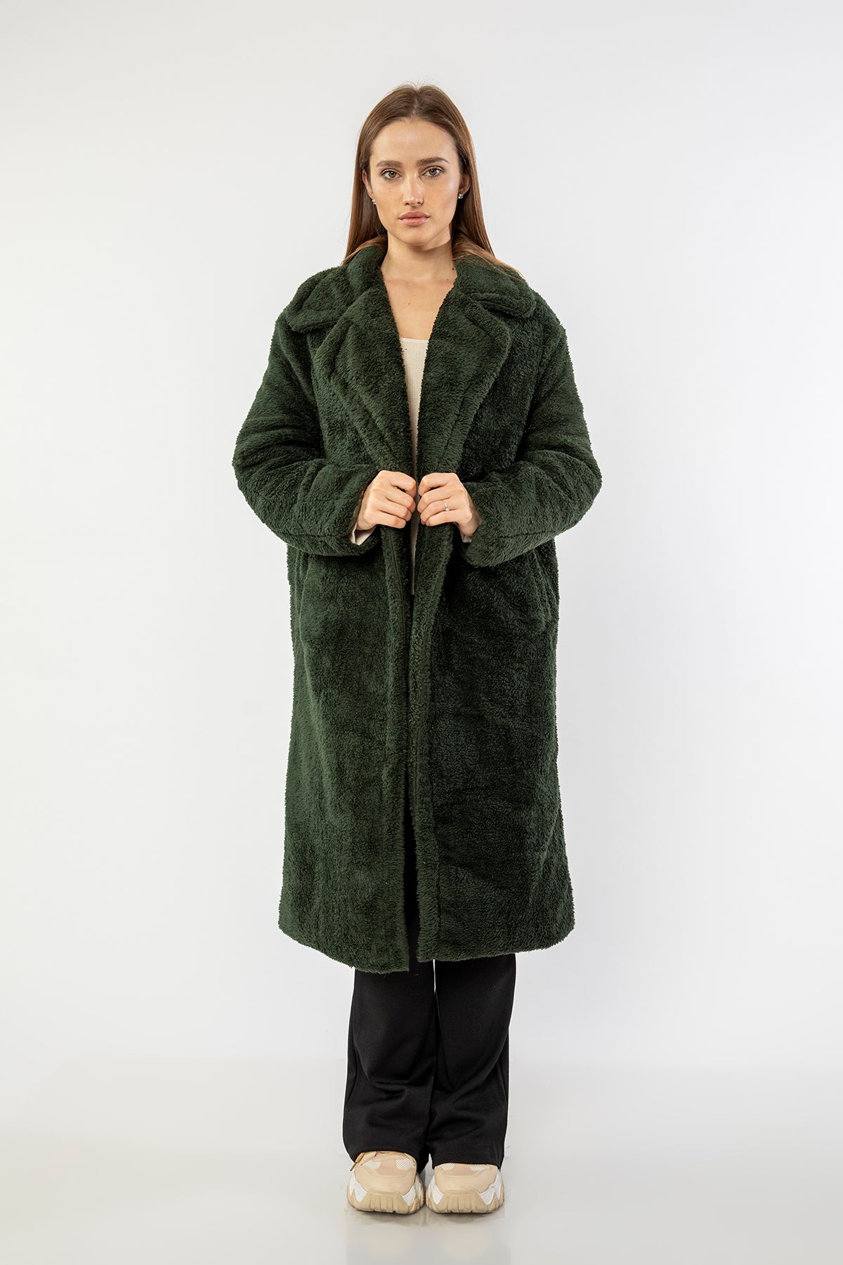 Velsoft Kumaş Ceket Yaka Uzun Boy Oversize/Salaş Kadın Kaban-Haki