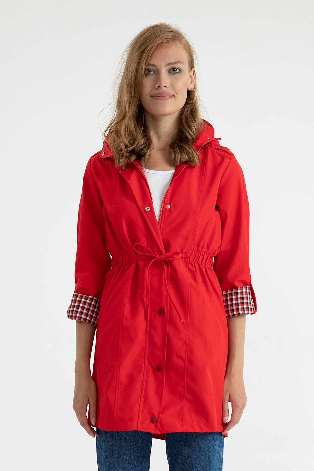 Woven Fabric Zip Neck Below The Hips Women Raincoat - Red