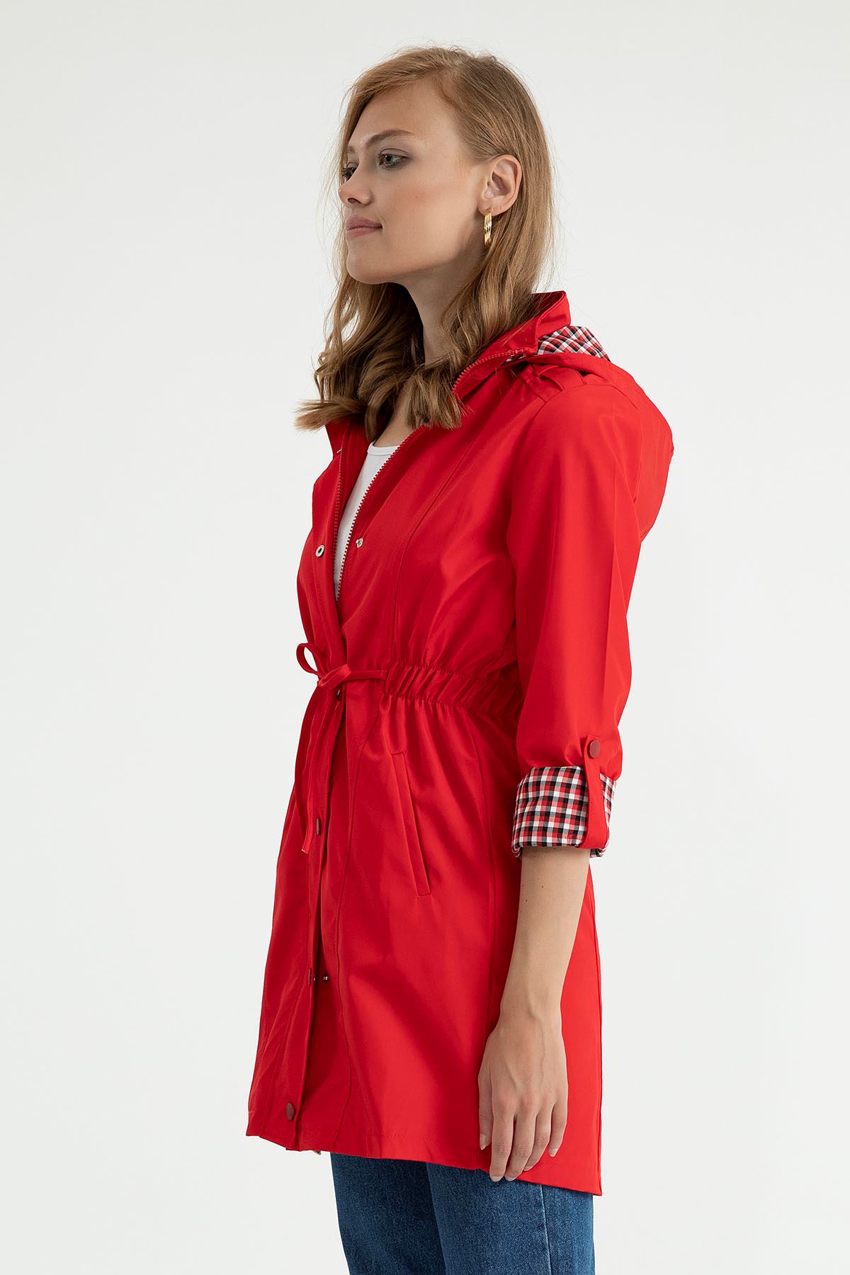 Woven Fabric Zip Neck Below The Hips Women Raincoat - Red