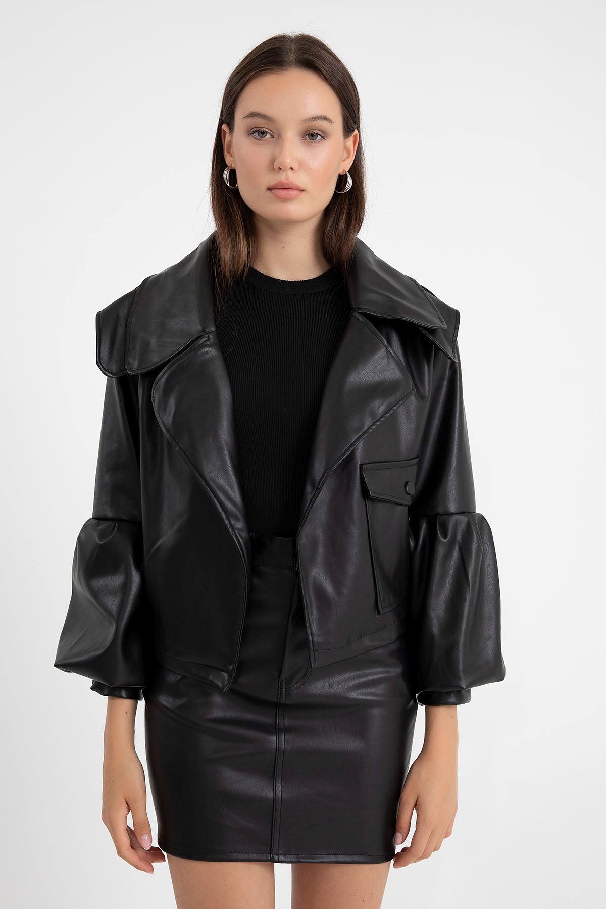 экокожа ткань фонарик рукав короткий женский пиджак - Чёрный