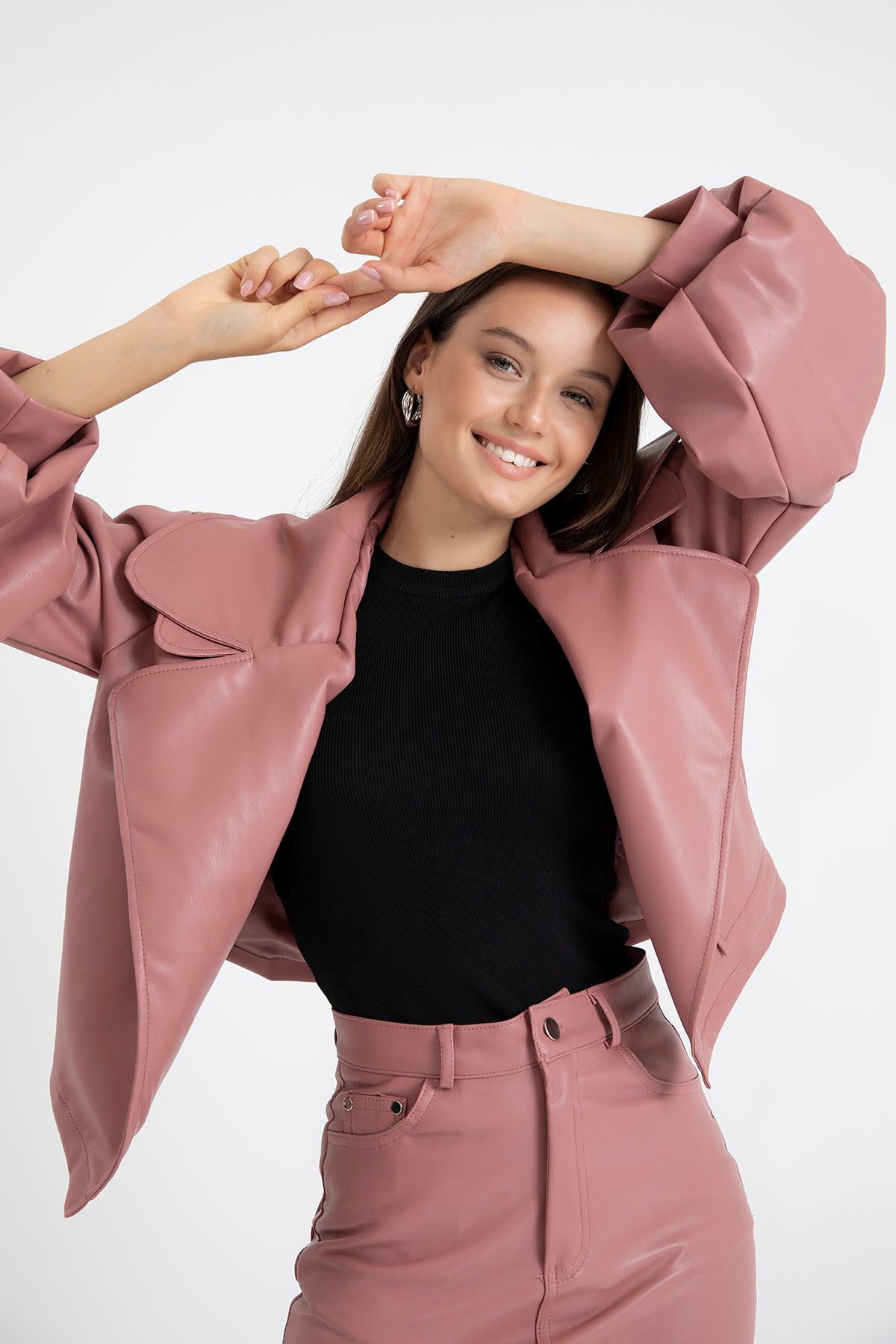 Leather Fabric Balloon Sleeve Revere Collar Oversize Women Jacket - Light Pink