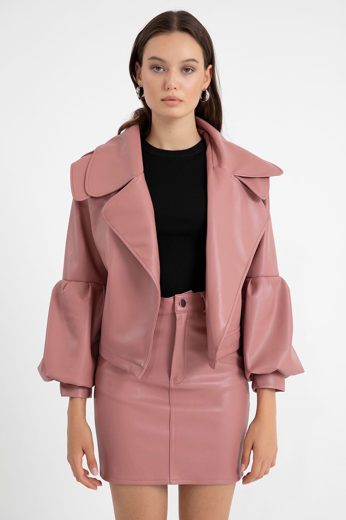 Leather Fabric Balloon Sleeve Revere Collar Oversize Women Jacket - Light Pink