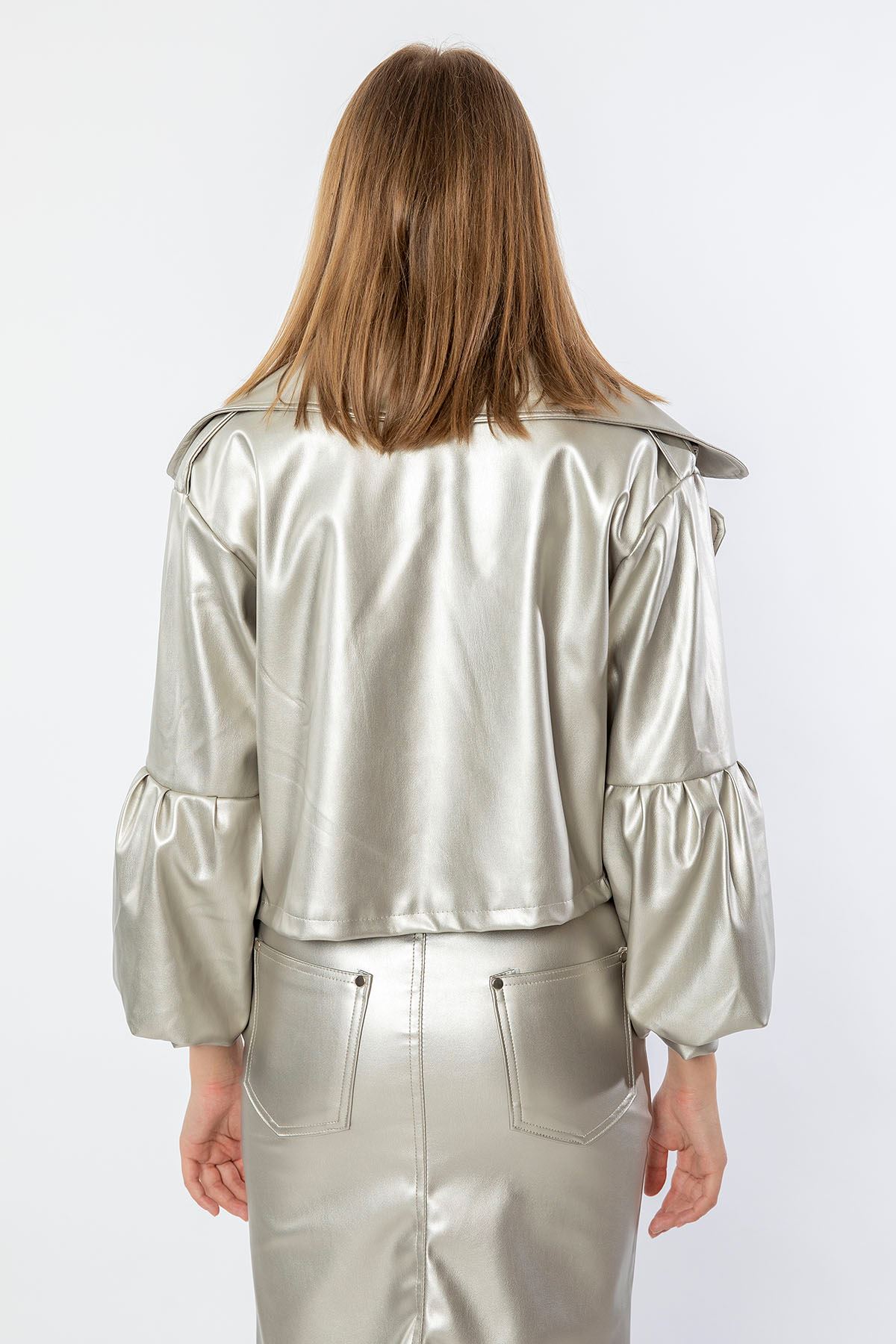 Leather Fabric Balloon Sleeve Revere Collar Oversize Women Jacket - Silver