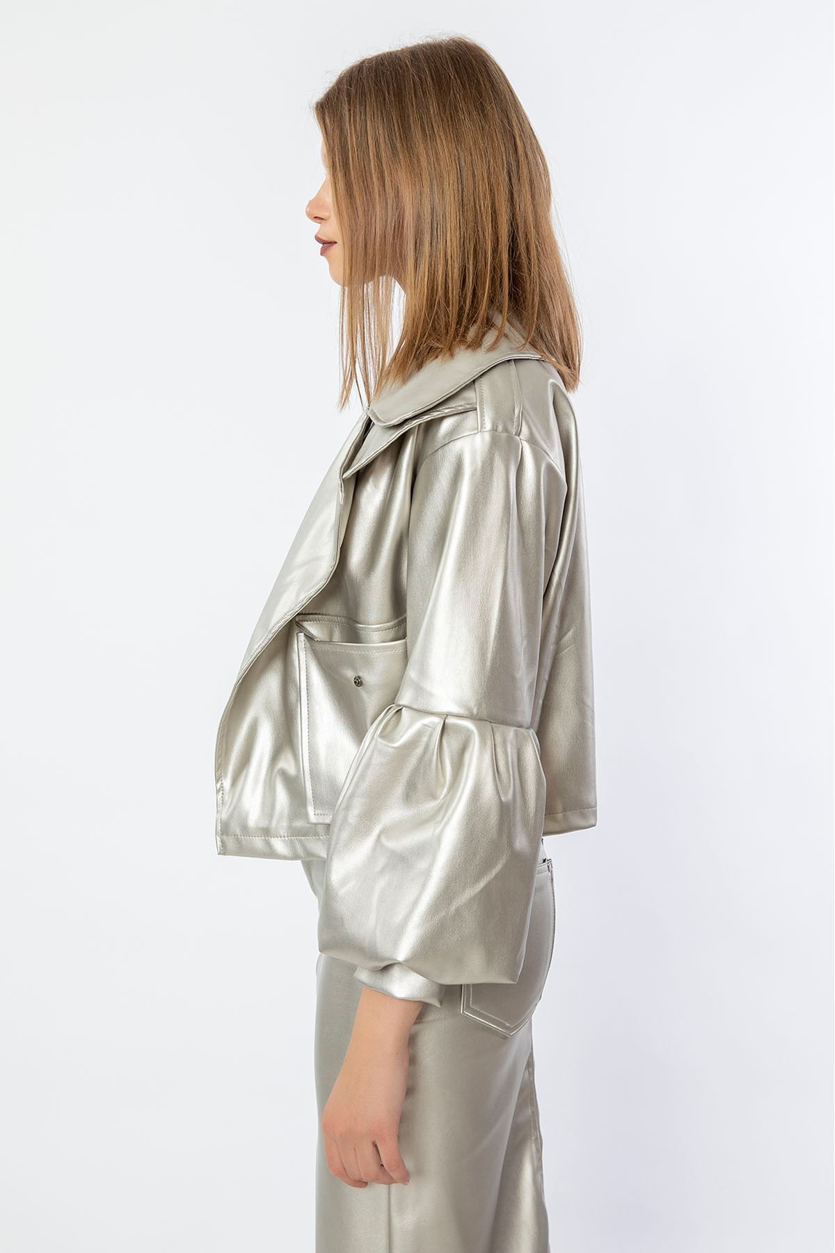 экокожа ткань фонарик рукав короткий женский пиджак - Серебристый
