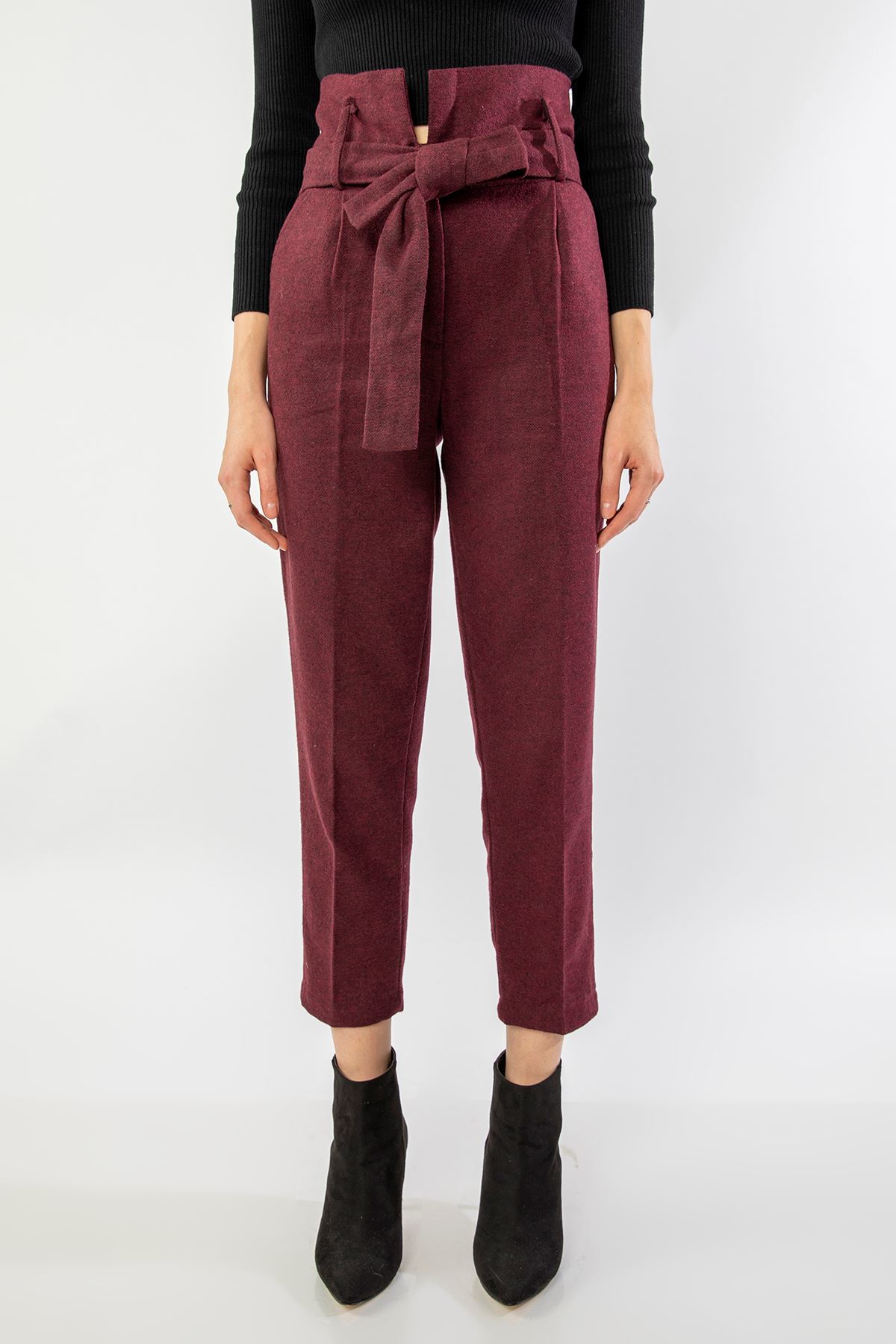 Woven Fabric Ankle Length Comfy High Waist Women'S Trouser - Burgundy