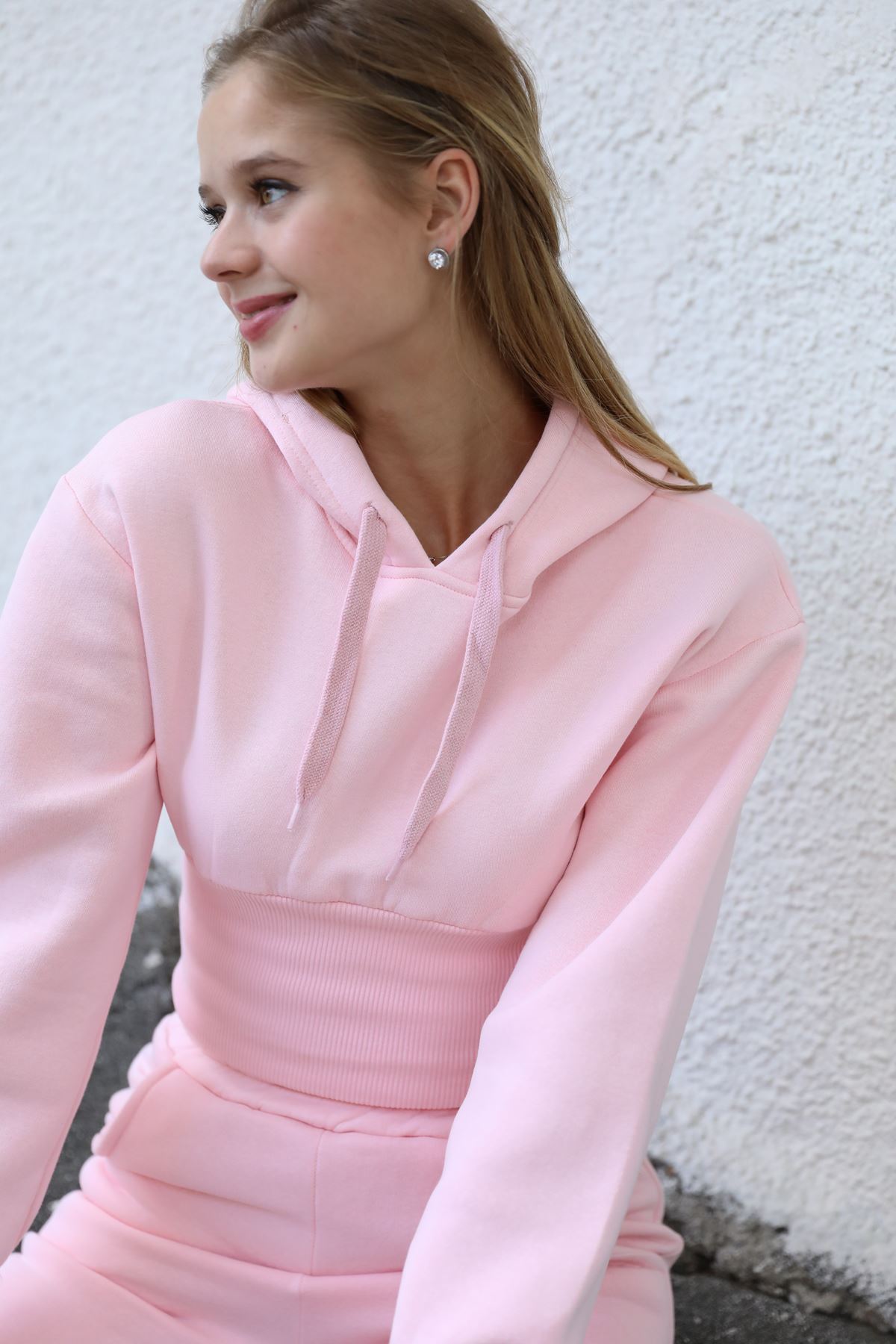Thread Knit FabricLong Sleeve Hooded Tigth Fit Bodice Waist Women Sweatshirt - Light Pink