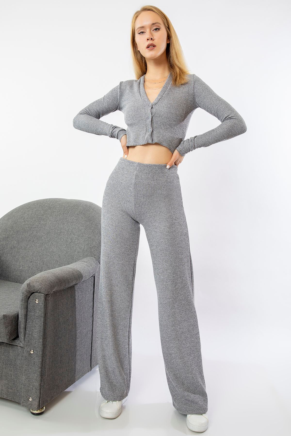 Knitwear Fabric Comfy Fit Elastic Waist Wide Leg Women'S Trouser - Grey