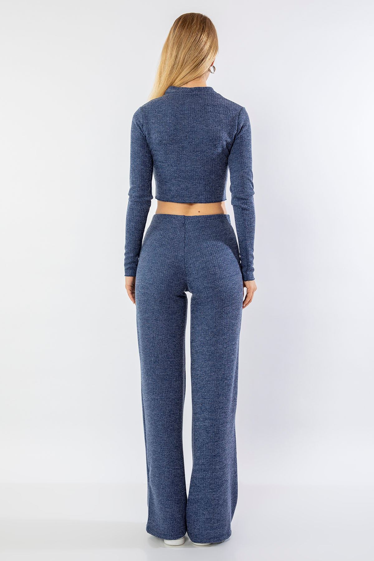 Knitwear Fabric Comfy Fit Elastic Waist Wide Leg Women'S Trouser - Navy Blue 