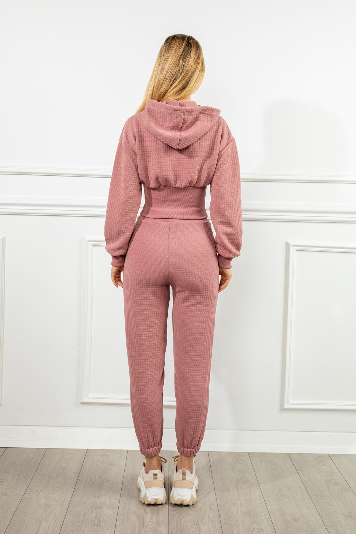 Honeycomb Fabric Long Sleeve Hooded Bodice Waist Women Sweatshirt - Light Pink