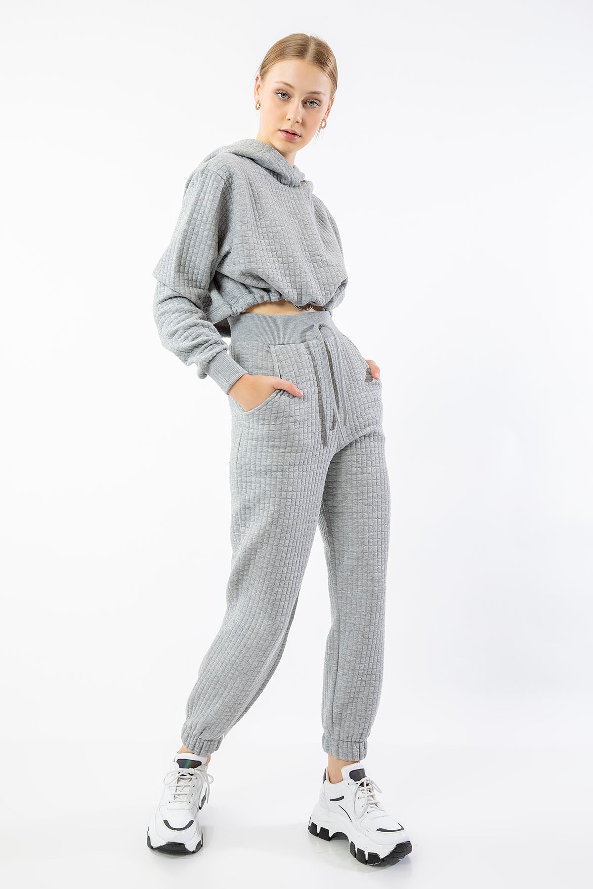 Honeycomb Fabric Long Sleeve Hooded Comfy Women Crop - Grey