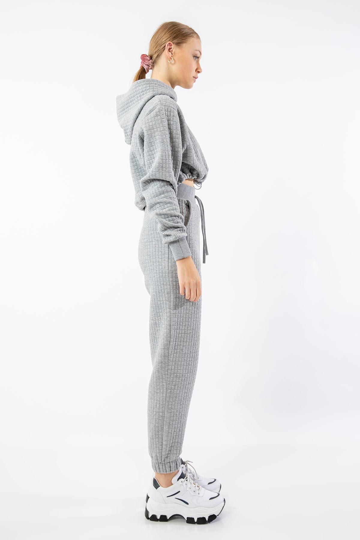 Honeycomb Fabric Long Sleeve Hooded Comfy Women Crop - Grey