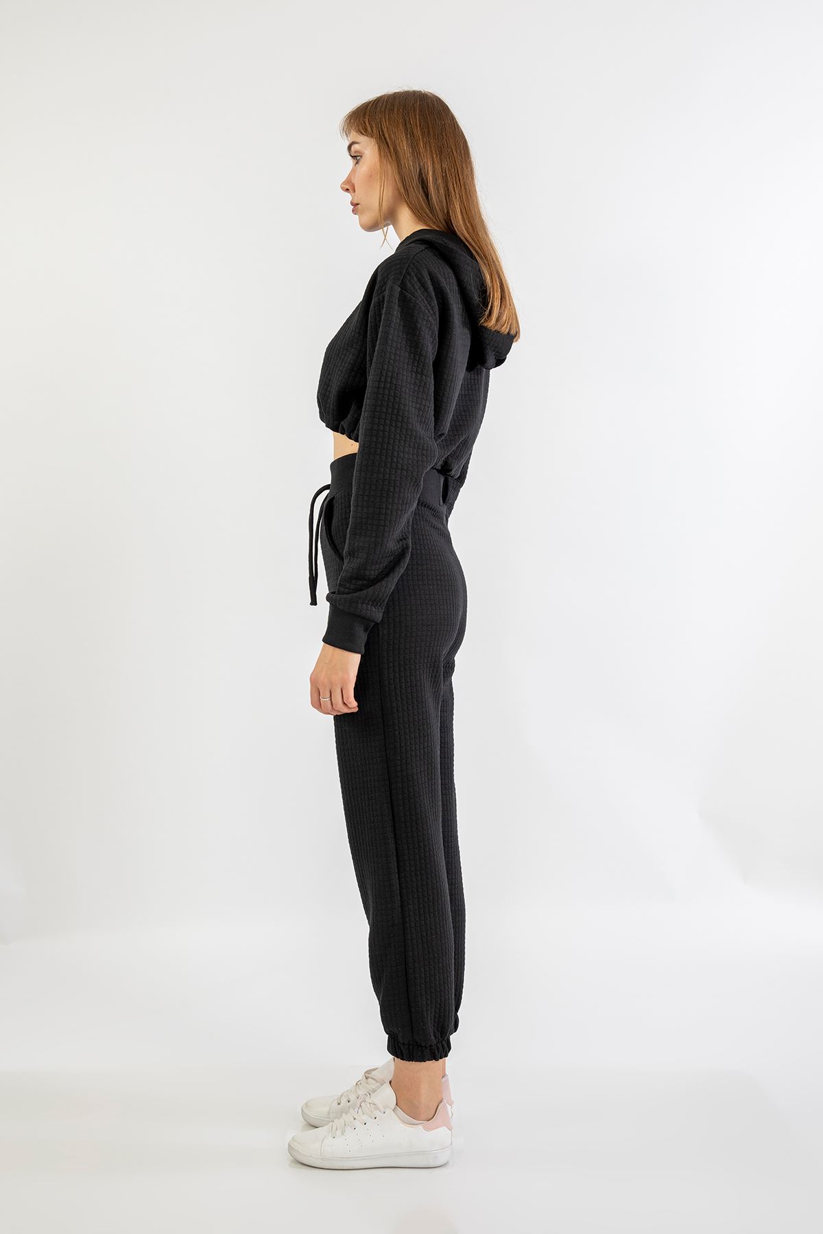 Honeycomb Fabric Long Sleeve Hooded Comfy Women Crop - Black