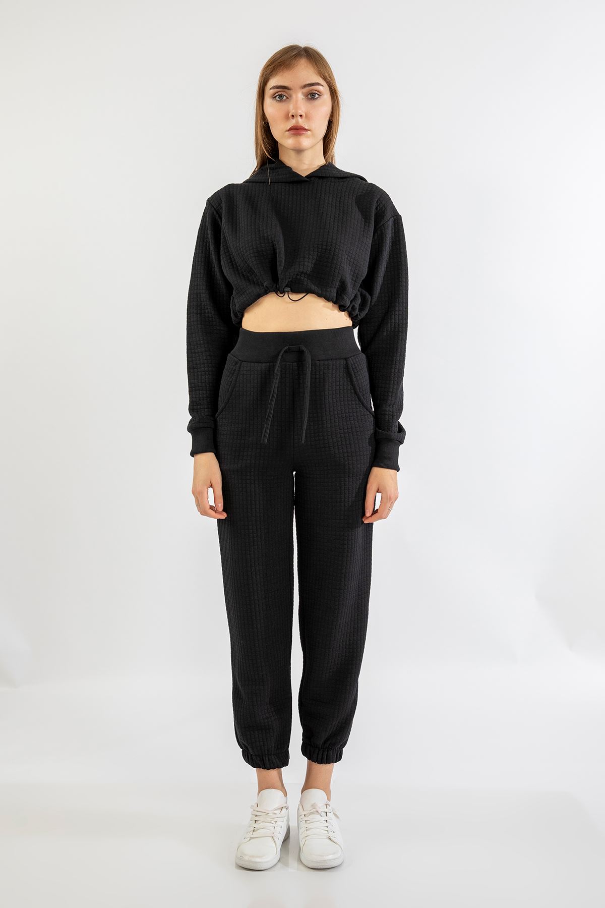 Honeycomb Fabric Long Sleeve Hooded Comfy Women Crop - Black