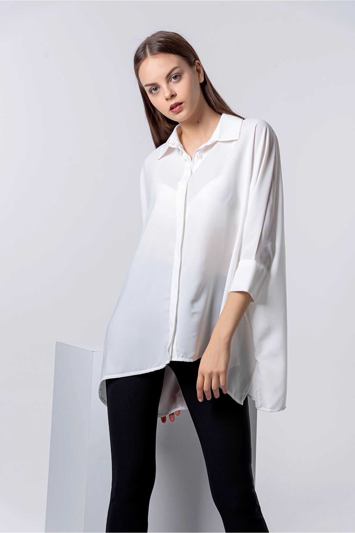 Jesica Fabric Long Sleeve Shirt Collar Oversize Women'S Shirt - Ecru