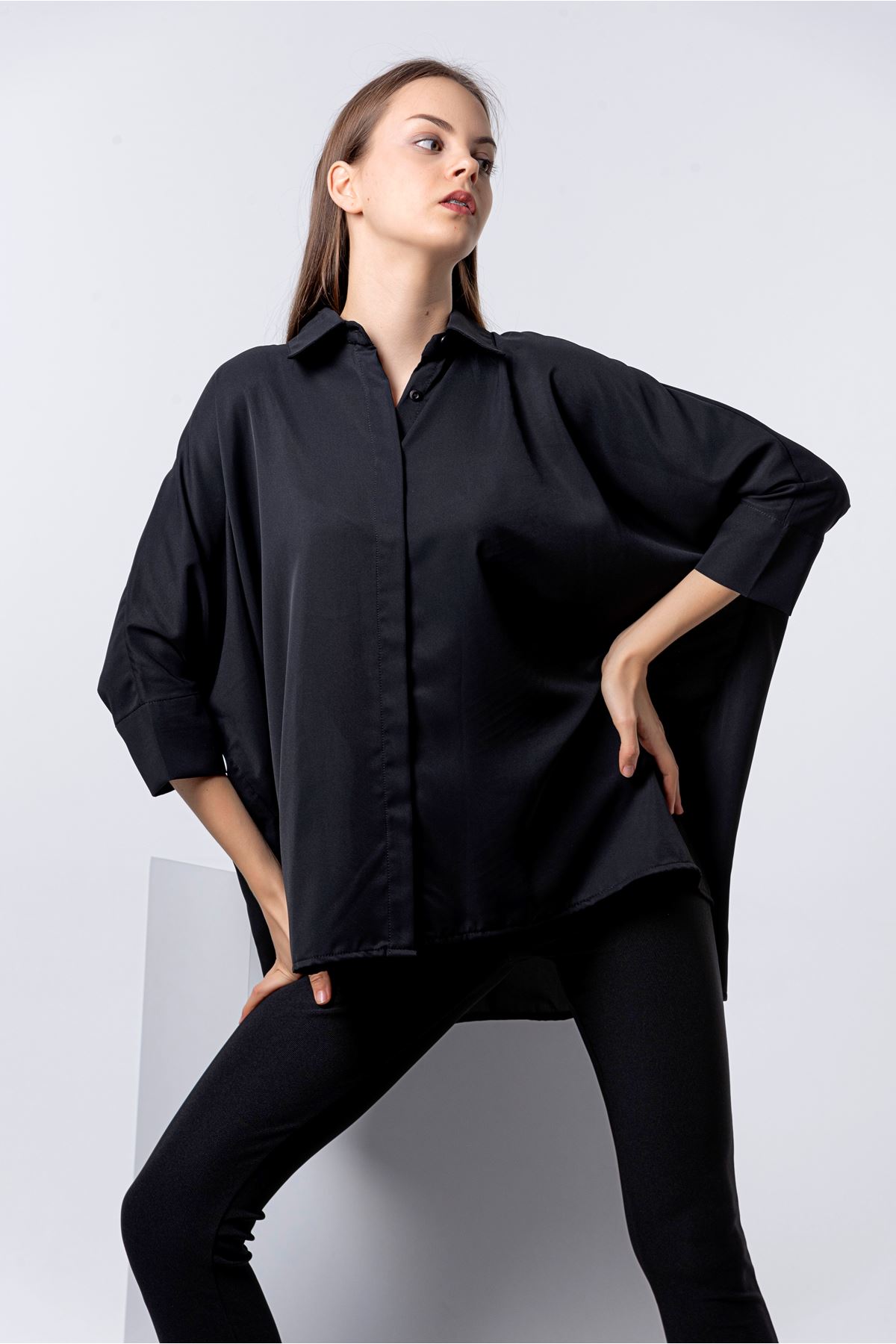 Jesica Fabric Long Sleeve Shirt Collar Oversize Women'S Shirt - Black