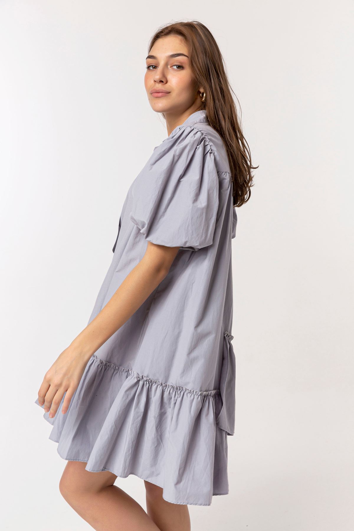 Soft Fabric Short Sleeve Shirt Collar Oversize Full Fit Women Dress - Grey